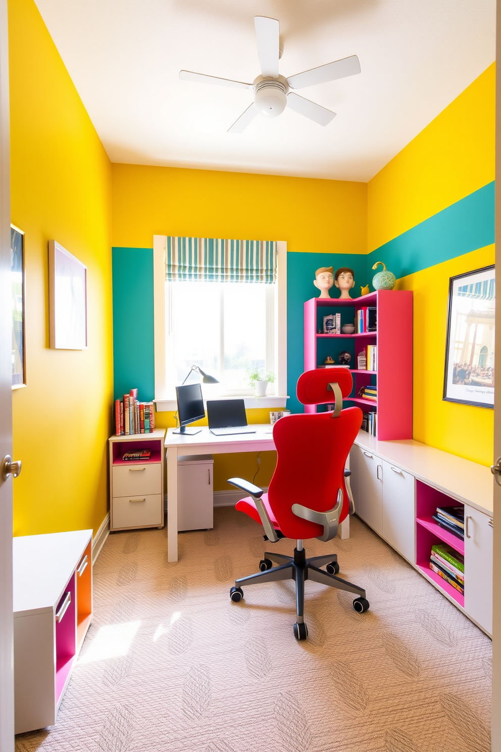 A bright and inviting home study room filled with energizing colors. The walls are painted in a vibrant yellow, complemented by a teal accent wall, creating a lively and creative workspace. A sleek white desk is positioned in front of a large window, allowing natural light to flood the space. Colorful shelves display books and decorative items, while a comfortable ergonomic chair in a bold red adds a pop of excitement.