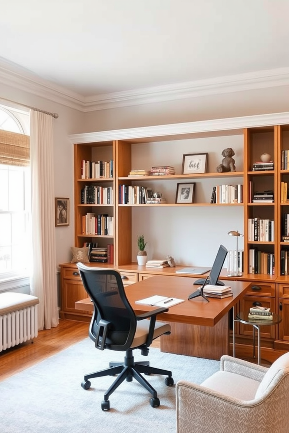 Create a serene atmosphere in a home study room filled with natural light. The room features a large wooden desk with a comfortable ergonomic chair and shelves lined with books and decorative items. Soft, neutral colors adorn the walls, creating a calming backdrop. A cozy reading nook with a plush armchair and a small side table invites relaxation and focus.