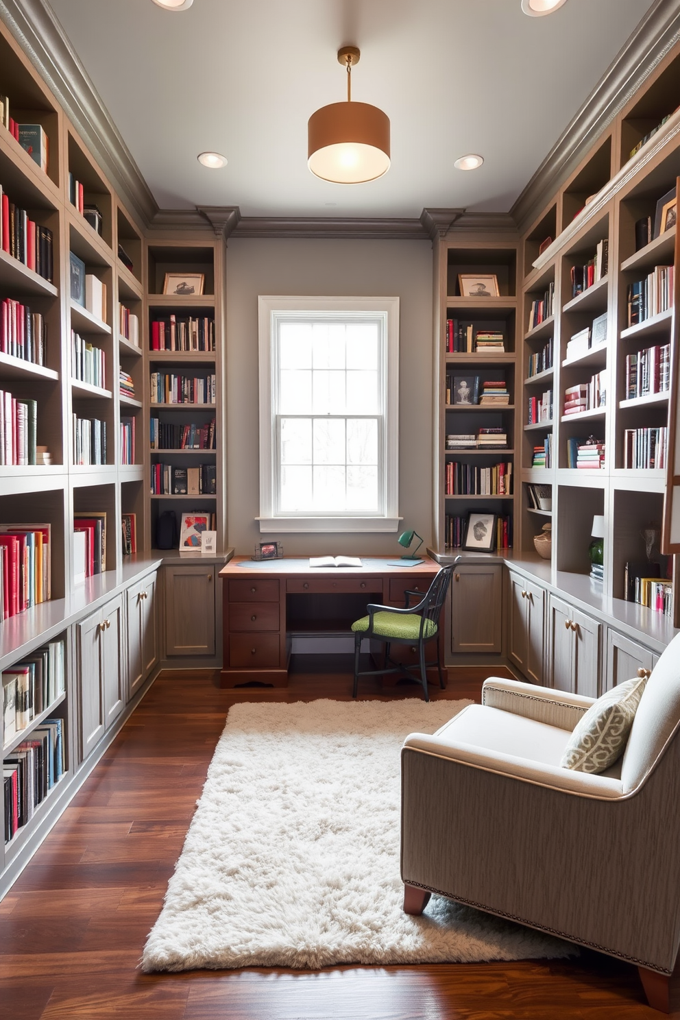 A cozy home study room featuring built-in bookshelves that stretch from floor to ceiling, providing ample organized storage for books and decorative items. The room is accented with a large wooden desk positioned in front of a window, allowing natural light to illuminate the space. The walls are painted in a soft gray, complemented by a plush area rug that adds warmth underfoot. A comfortable armchair is placed in the corner, creating a perfect reading nook beside the bookshelves.