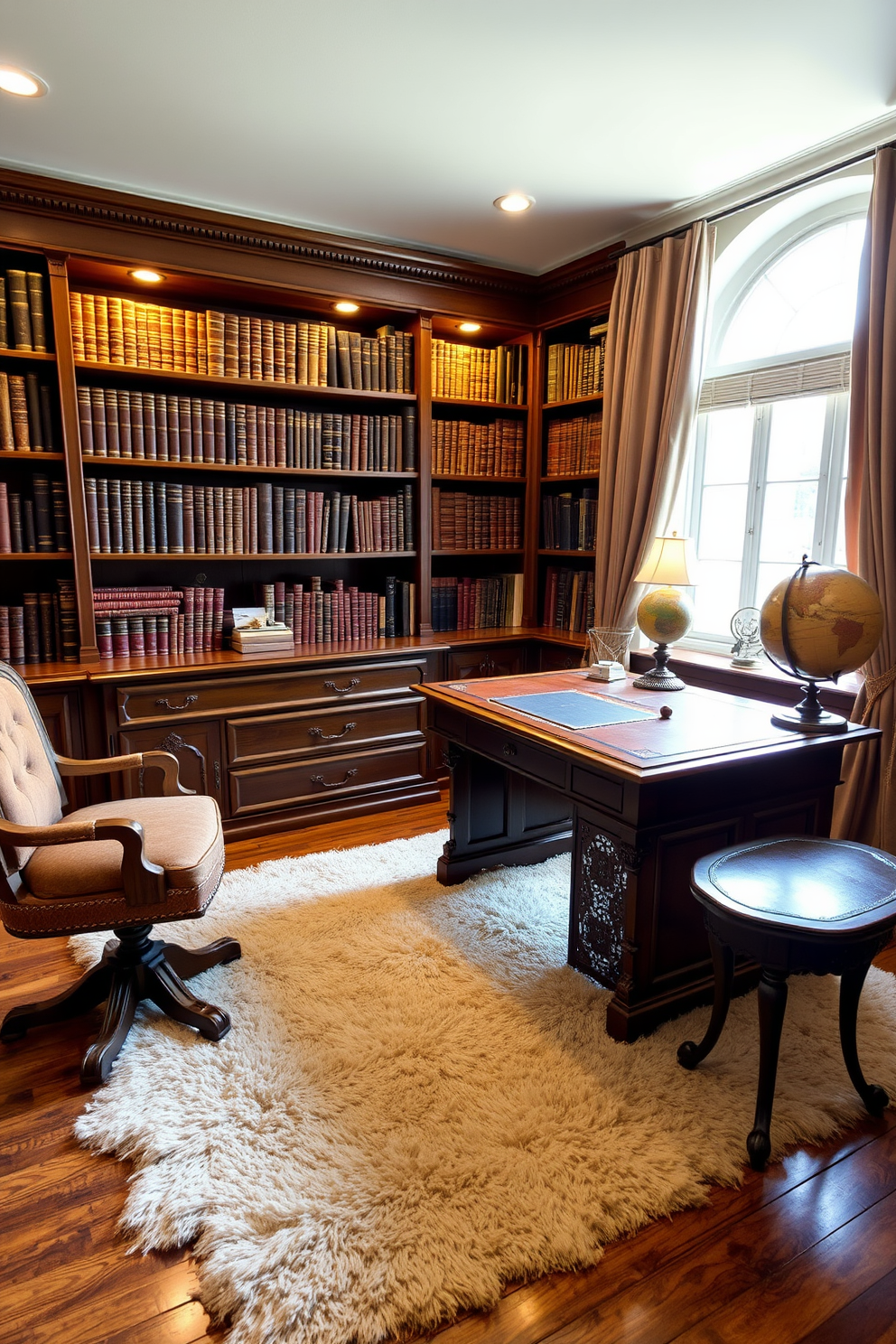 A cozy home study room featuring vintage furniture that adds a classic touch. The room includes a large wooden desk with intricate carvings and a comfortable leather chair, surrounded by bookshelves filled with antique books. Soft, warm lighting illuminates the space, creating an inviting atmosphere. A plush area rug lies beneath the desk, and a vintage globe sits on a side table next to a window with elegant drapes.