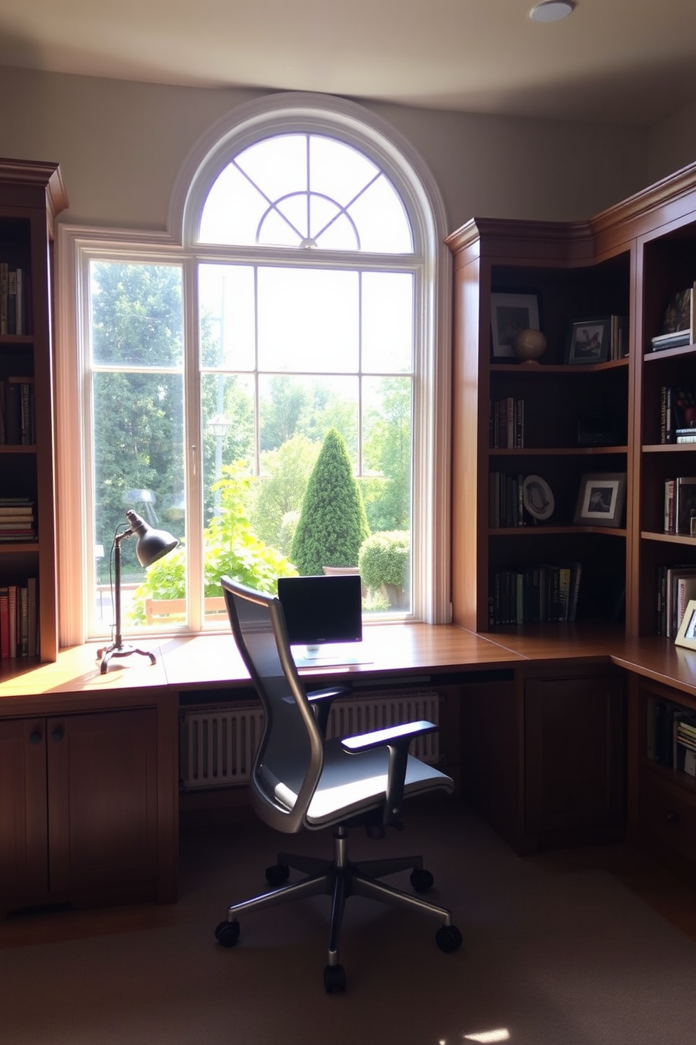 A cozy home study room bathed in natural light from a large window that overlooks a serene garden. The room features a sleek wooden desk positioned to face the window, complemented by a comfortable ergonomic chair and built-in shelves filled with books and decorative items.