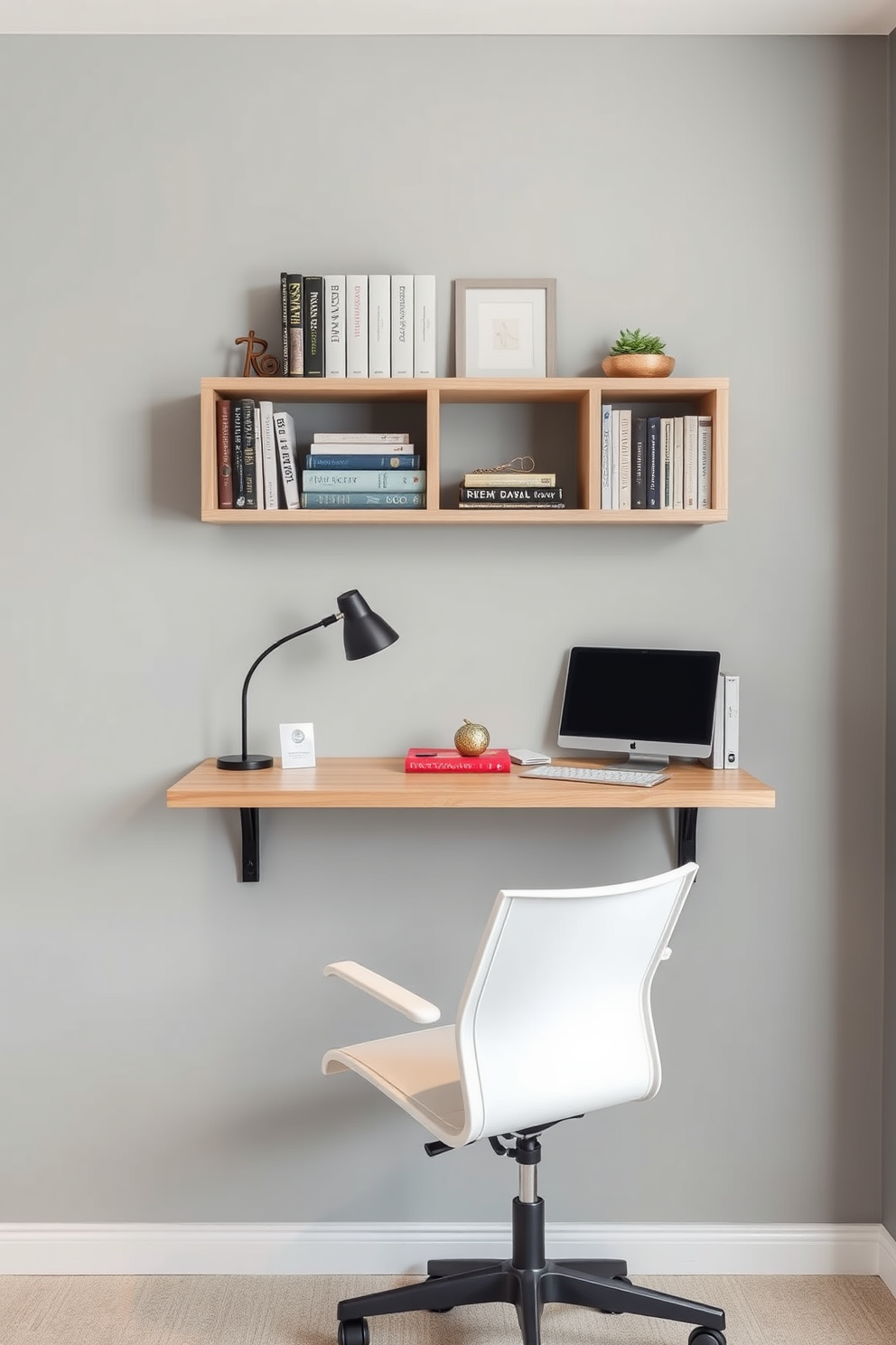 A modern home study room featuring a wall-mounted desk that maximizes space efficiency. The desk is made of light wood and is complemented by a sleek ergonomic chair, creating a functional yet stylish workspace. The walls are painted in a soft gray hue, providing a calming backdrop for productivity. A bookshelf filled with neatly arranged books and decorative items is mounted above the desk, adding personality to the room.