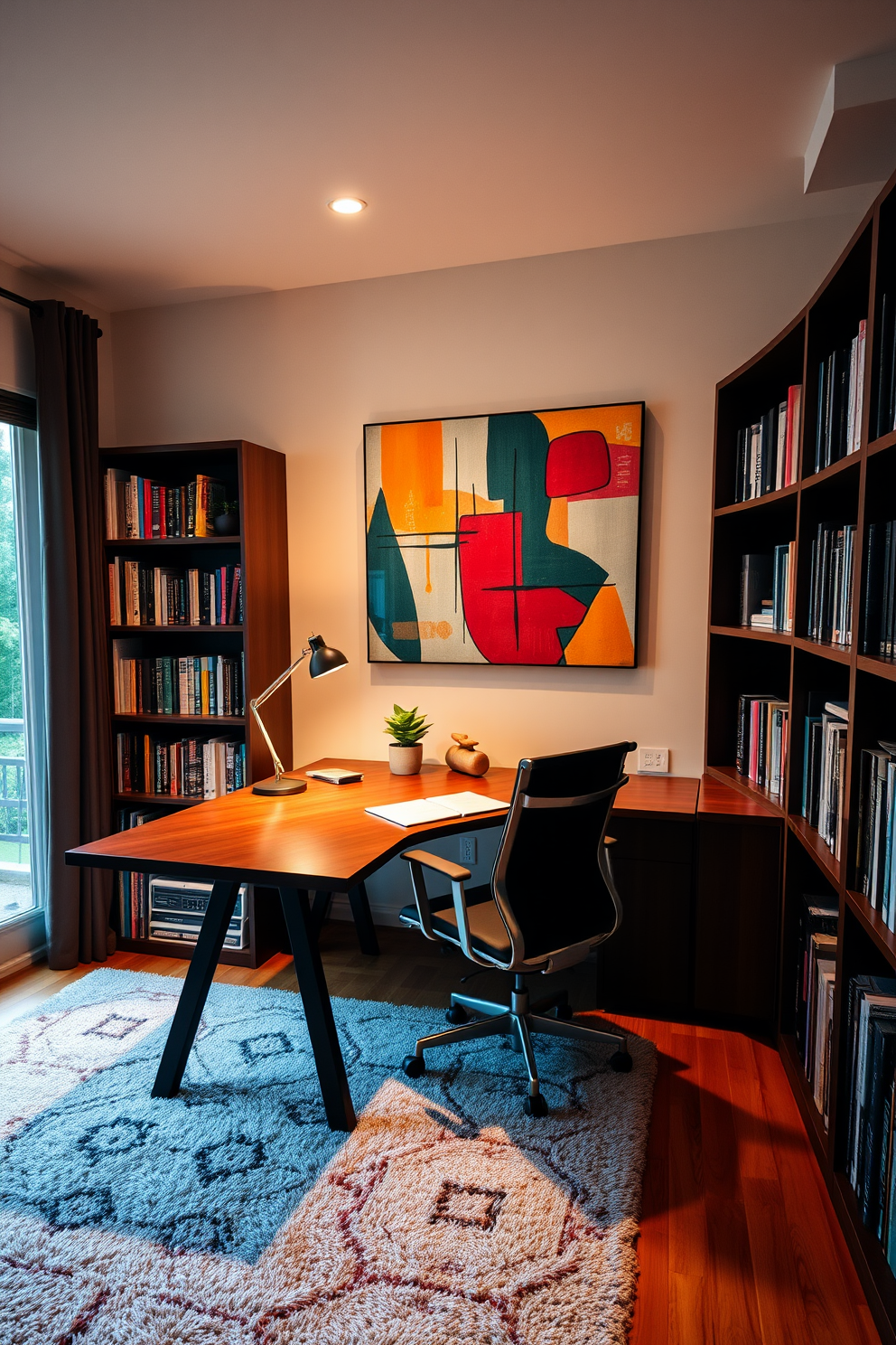 A cozy home study room featuring a large wooden desk with an ergonomic chair positioned near a window. The walls are adorned with colorful abstract wall art, and a plush area rug adds warmth to the space. Bookshelves filled with neatly arranged books line one side of the room, while a small potted plant sits on the desk. Soft lighting from a stylish desk lamp creates an inviting atmosphere perfect for productivity and creativity.