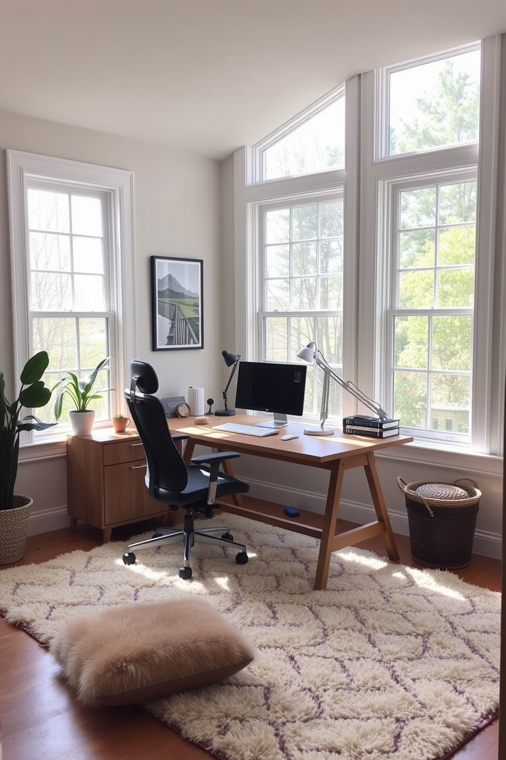 A cozy home study room featuring a soft area rug that adds comfort and warmth to the space. The room is filled with natural light from large windows, and a wooden desk is positioned against the wall, complemented by a comfortable ergonomic chair.