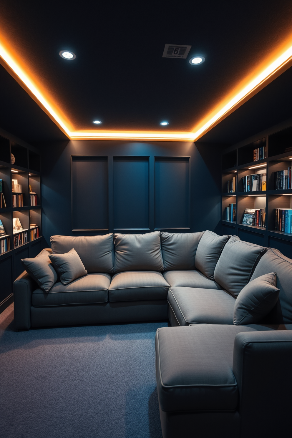 Cozy sectional sofa in a dimly lit home theater basement. The walls are painted in a deep navy blue, and plush carpeting covers the floor for added comfort. Surrounding the sofa are built-in shelves lined with movies and books. Soft LED strip lighting highlights the shelves, creating a warm ambiance for movie nights.