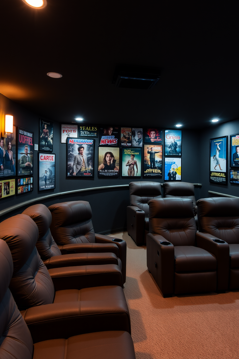 A cozy home theater basement designed for cinematic experiences. The walls are adorned with vintage movie posters, creating an immersive atmosphere that reflects classic films. The seating area features plush, oversized recliners arranged in a tiered layout for optimal viewing. Ambient lighting highlights the posters while providing a warm glow, enhancing the overall cinematic vibe.