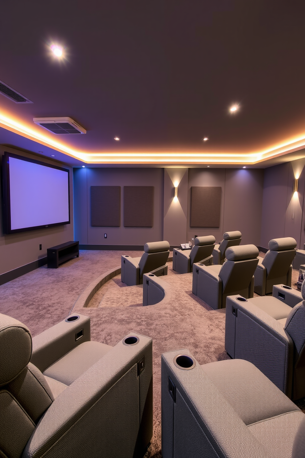 A modern home theater basement designed for ultimate entertainment. The space features plush reclining chairs arranged in a tiered layout, with a large projector screen mounted on the wall and ambient LED lighting creating a cinematic atmosphere. Smart home integration enhances convenience throughout the space. Automated lighting, temperature control, and a sound system can be easily managed through a central smart device, ensuring an effortless and enjoyable experience.