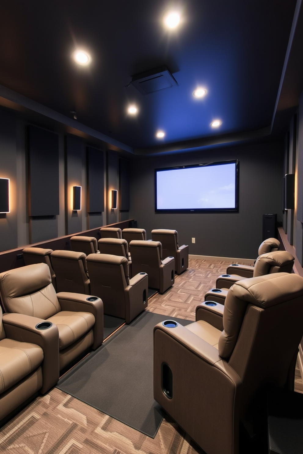 A cozy home theater setting with raised seating to enhance viewing angles. The room features plush recliners arranged in tiers, allowing for unobstructed views of a large screen mounted on the wall. Soft ambient lighting illuminates the space, creating a warm and inviting atmosphere. Dark acoustic panels line the walls, while a stylish area rug anchors the seating arrangement.