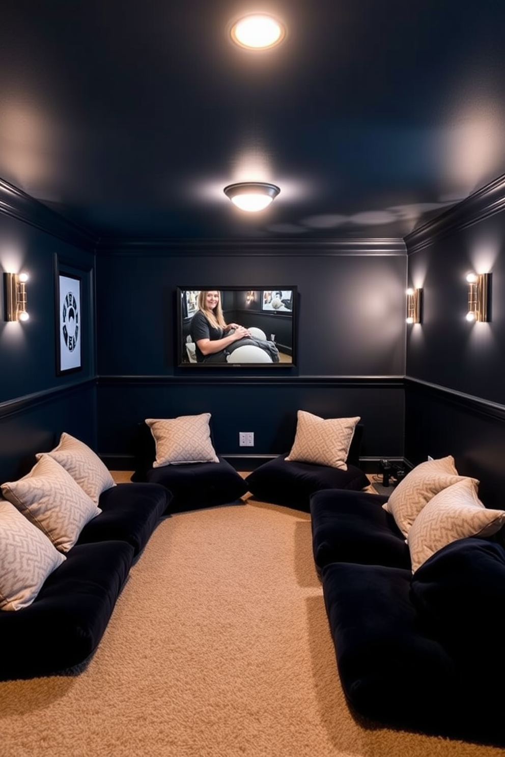 A cozy home theater basement features plush floor cushions arranged in a semi-circle for casual seating. The walls are painted a deep navy blue, and soft ambient lighting creates a warm and inviting atmosphere.