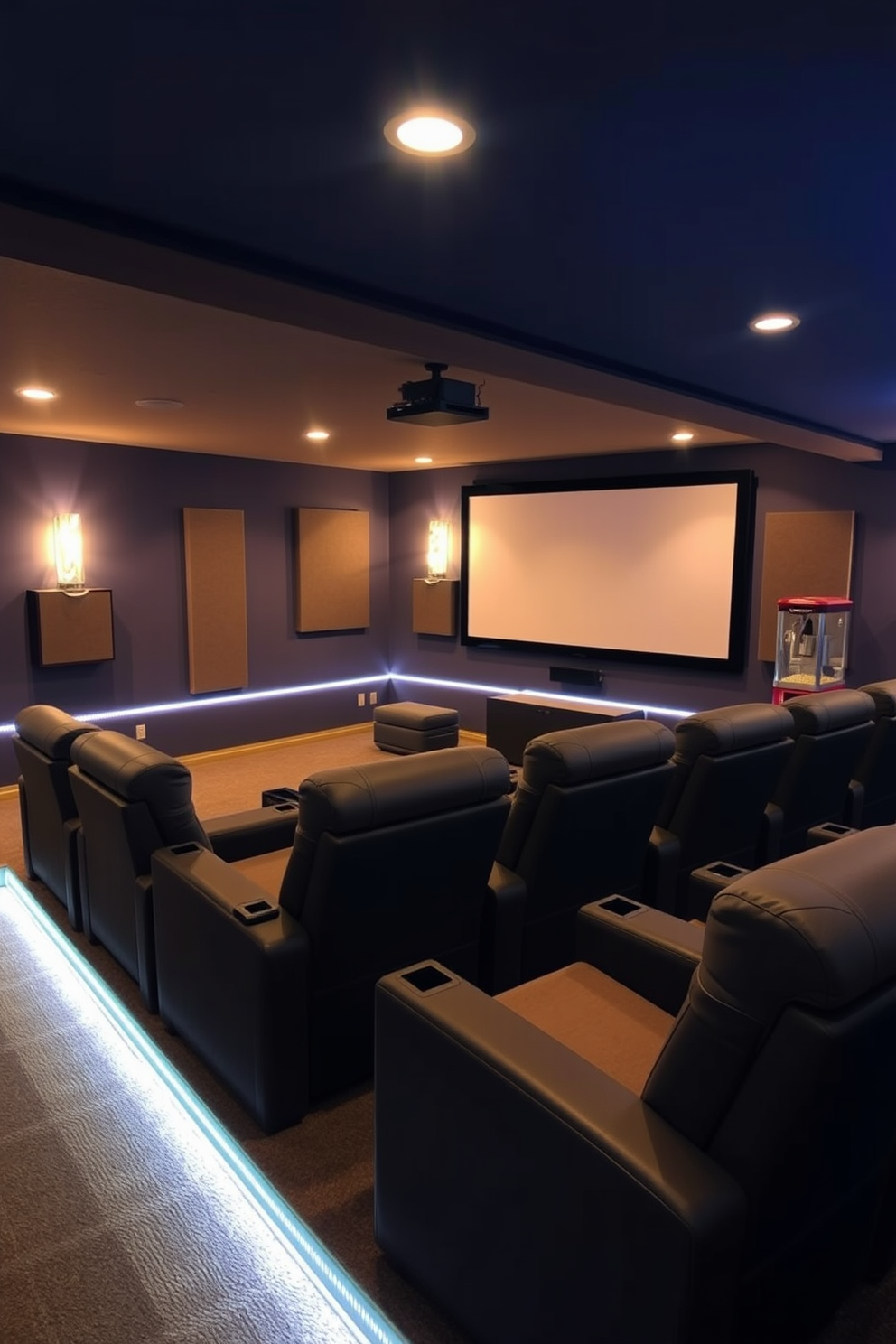 A cozy home theater basement featuring LED strip lighting along the baseboards creates a warm ambiance. The seating area is equipped with plush recliners arranged in a tiered layout for optimal viewing of the large screen. The walls are painted in a deep navy blue, enhancing the cinematic experience. Soundproof panels are strategically placed to improve acoustics, while a popcorn machine adds a fun touch to the space.