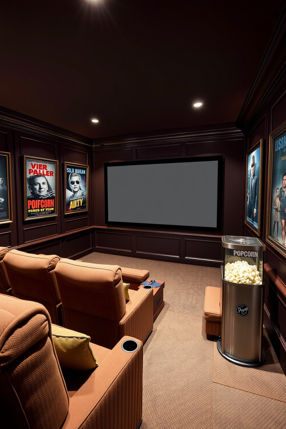 A cozy home theater inspired by classic films. The walls are adorned with movie posters in elegant frames, and plush seating is arranged in tiers for optimal viewing. Soft ambient lighting creates a warm atmosphere, while a large screen occupies the focal wall. A popcorn machine sits in the corner, adding a nostalgic touch to the cinematic experience.