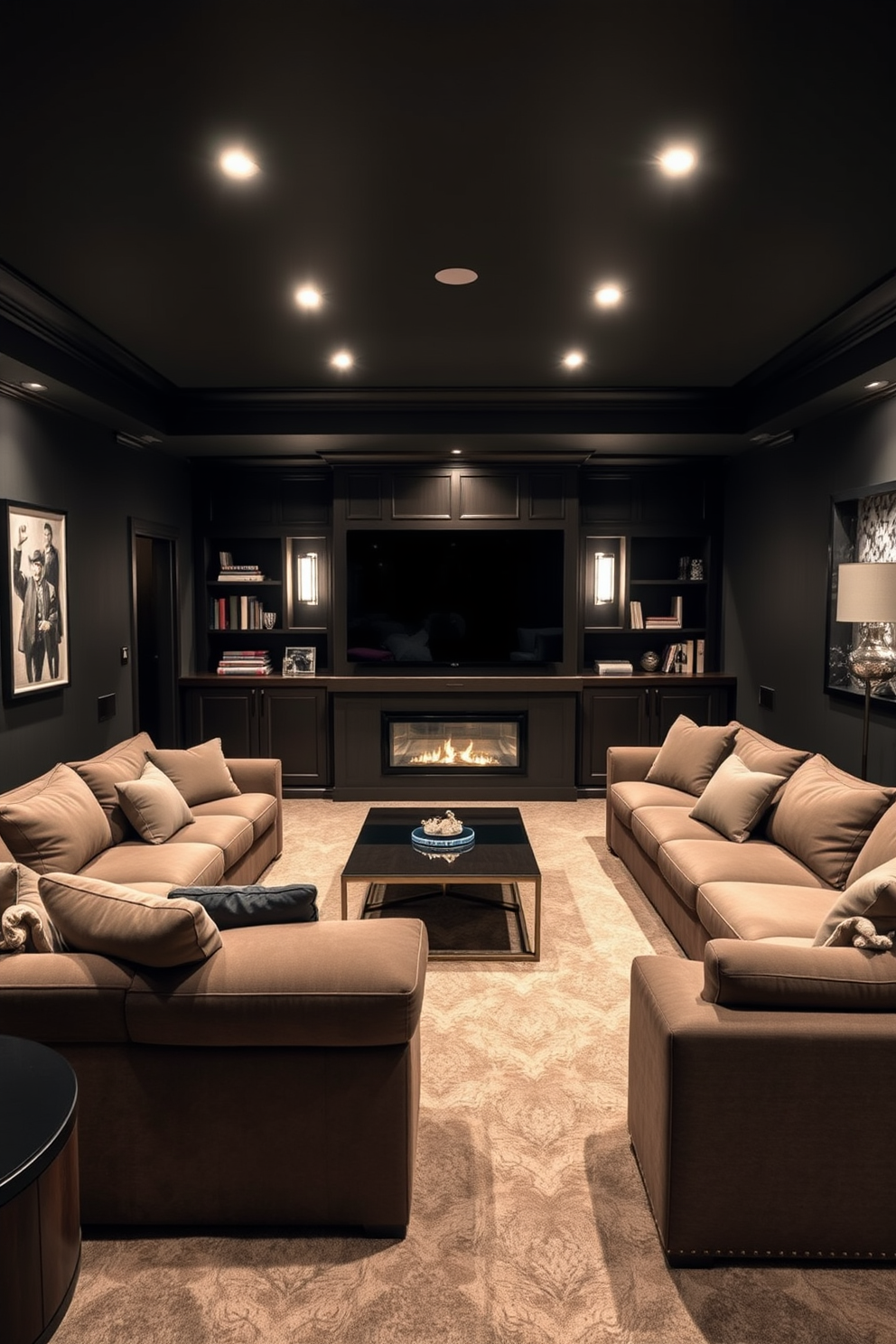 A cozy home theater basement features a large, plush sectional sofa arranged around a central coffee table. In front of the seating area, a modern fireplace adds warmth and ambiance, creating the perfect atmosphere for movie nights. The walls are painted in a dark, rich color to enhance the cinematic experience, while soft, dimmable lighting fixtures provide adjustable brightness. A large screen is mounted on the opposite wall, flanked by built-in shelves filled with books and decorative items, completing the inviting space.