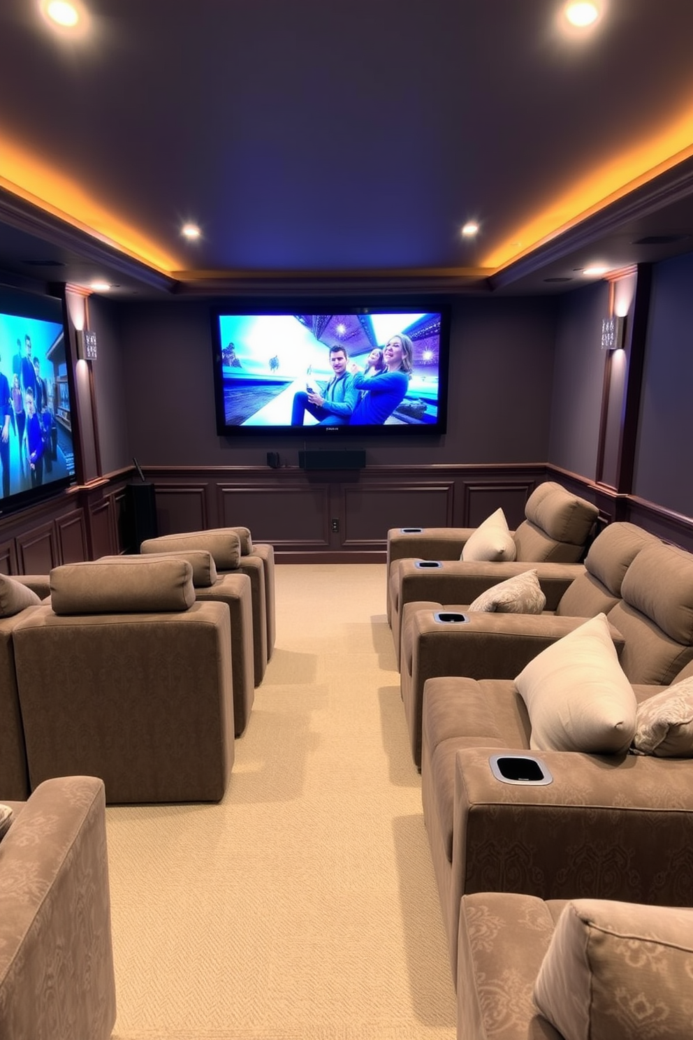 A cozy home theater basement designed for family movie nights features a large screen TV mounted on the wall. Plush seating arranged in a tiered layout ensures everyone has a great view, while soft lighting creates an inviting atmosphere.