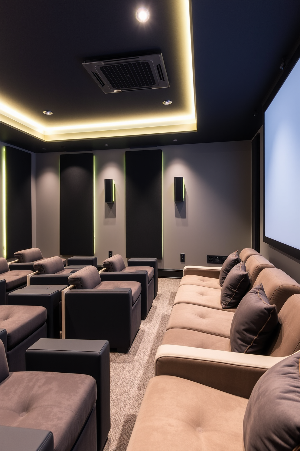 A modern home theater in a basement featuring hidden speakers integrated into the ceiling for a seamless look. The space includes plush seating arranged for optimal viewing, with dark acoustic panels on the walls to enhance sound quality.