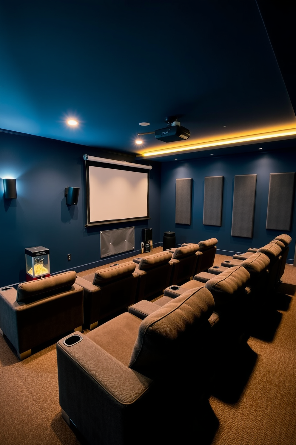 A cozy home theater in a basement setting. The walls are painted a deep navy blue, and plush seating is arranged in a tiered layout facing a wall-mounted projector with a retractable screen. Soft ambient lighting is installed along the edges of the ceiling, creating a warm atmosphere. A stylish popcorn machine sits in the corner, and acoustic panels are discreetly integrated into the design for optimal sound quality.