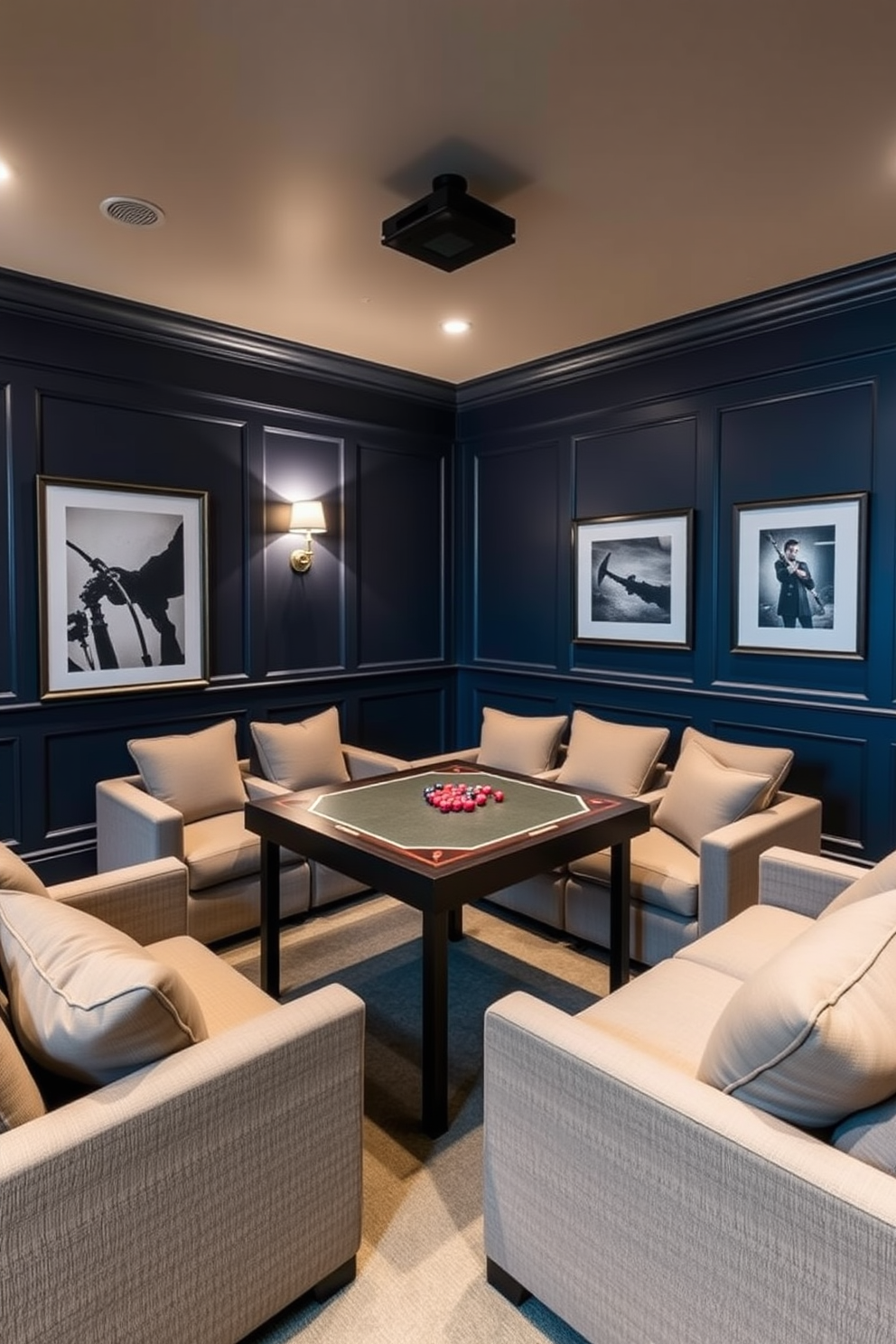 A cozy home theater basement designed for pre-movie entertainment features a stylish game table at its center surrounded by plush seating. The walls are painted in a deep navy blue, creating an intimate atmosphere, while soft lighting highlights the space and adds to the cinematic feel.