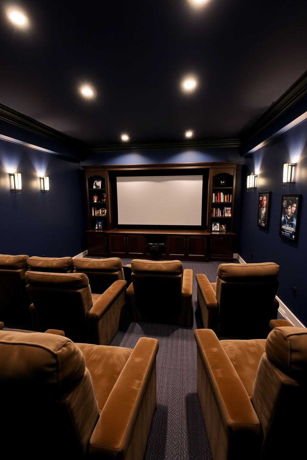 A cozy home theater basement features plush seating arranged for optimal viewing. The walls are painted in a deep navy blue, creating a cinematic atmosphere, while wall sconces provide soft lighting effects to enhance the experience. A large projection screen is mounted on the front wall, flanked by built-in shelves filled with movies and memorabilia. The floor is covered with a thick, dark carpet to absorb sound, and acoustic panels are strategically placed for improved audio quality.