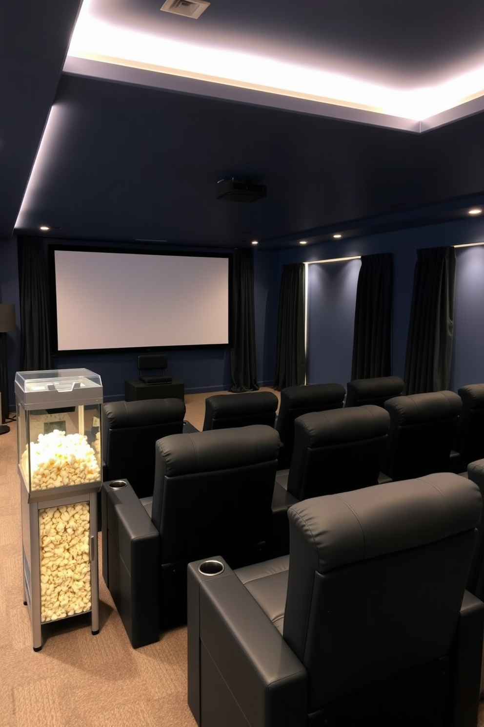 A cozy home theater in a basement featuring plush black recliners arranged in a semi-circle facing a large projector screen. The walls are painted a deep navy blue, and blackout curtains frame the windows to ensure optimal viewing conditions. Soft LED strip lighting is installed along the ceiling edges, creating a warm ambiance for movie nights. A sleek popcorn machine sits in the corner, adding a touch of nostalgia and convenience to the viewing experience.