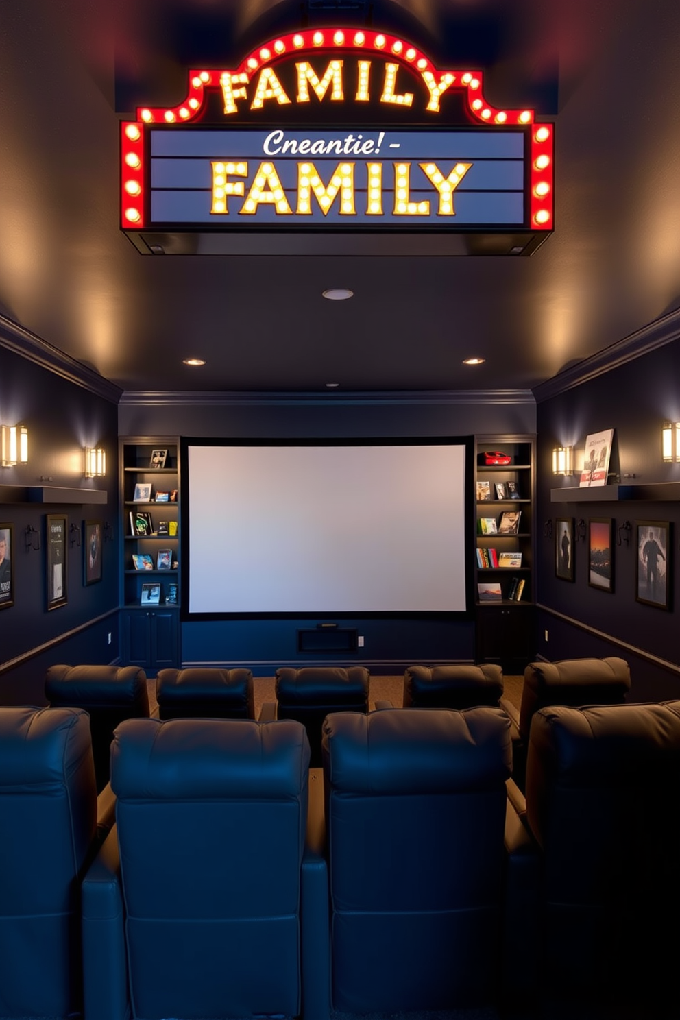 A personalized movie marquee hangs above the entrance, showcasing the family name in bright lights. The walls of the home theater are painted in a deep navy blue, creating a cozy atmosphere for movie nights. The seating consists of plush, oversized recliners arranged in tiers for optimal viewing. A large screen dominates the front wall, flanked by custom-built shelves filled with movie memorabilia and soft ambient lighting.