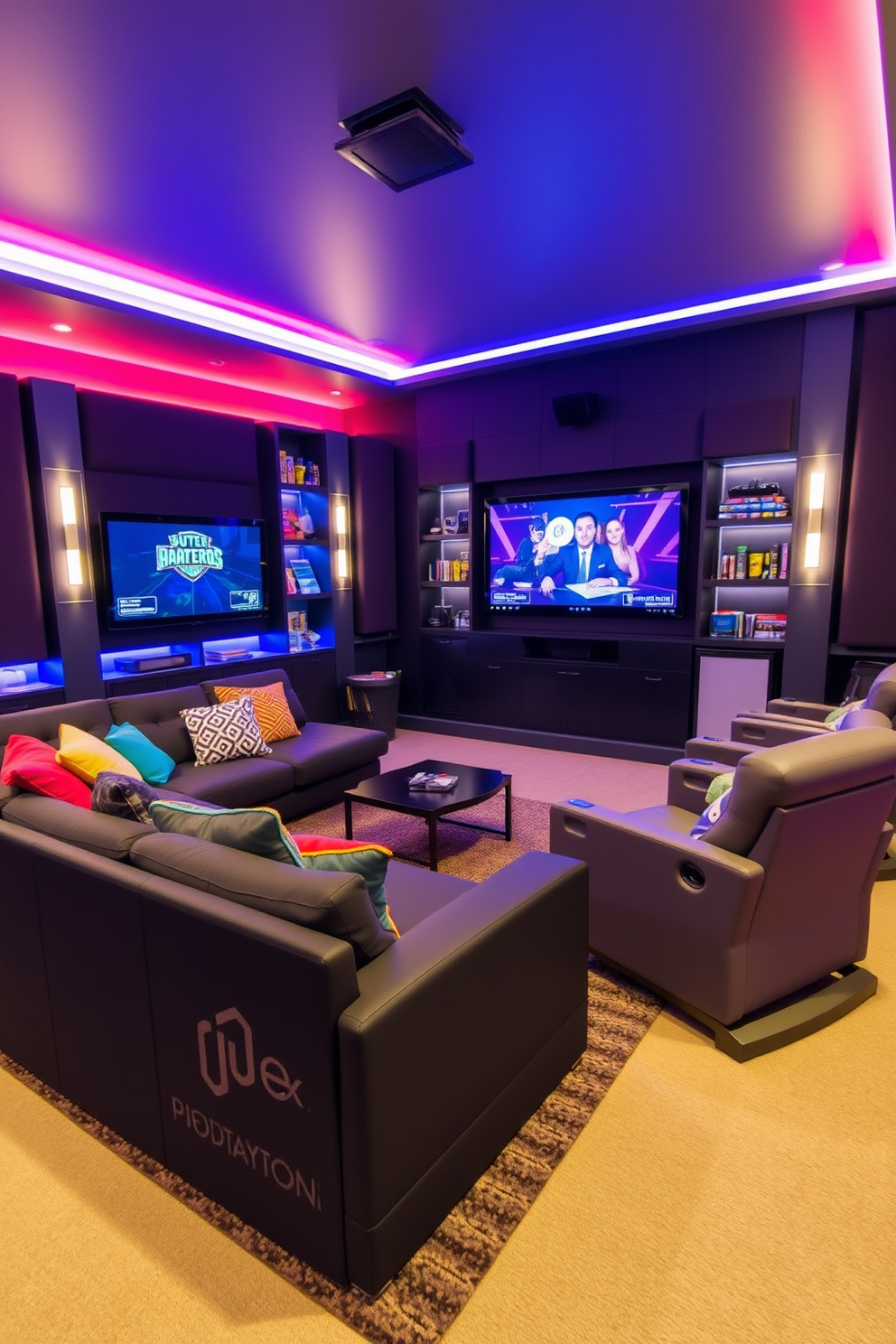 Interactive gaming area for added fun. The space features a large sectional sofa with colorful throw pillows and a coffee table in the center. A wall-mounted flat-screen TV is surrounded by shelves filled with games and collectibles. Ambient lighting creates a vibrant atmosphere, and a plush area rug adds comfort underfoot. Home Theater Basement Design Ideas. The room includes a large projection screen with plush reclining seats arranged in a tiered layout. Dark acoustic panels line the walls to enhance sound quality, and a snack bar with a mini-fridge is conveniently located at the back.