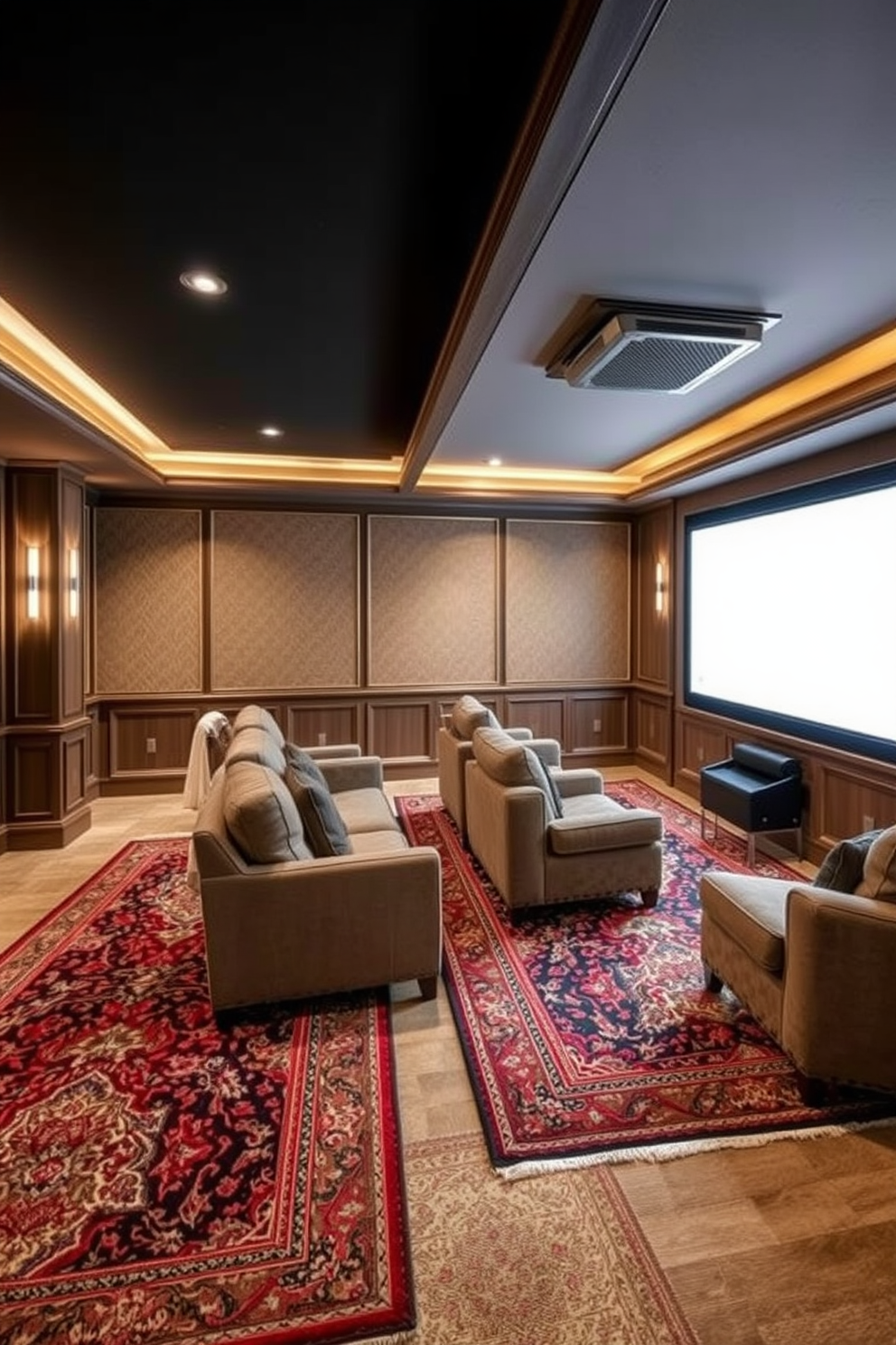 Stylish area rugs for comfort and warmth. The rugs feature intricate patterns and rich colors that enhance the cozy atmosphere of the room. Home theater basement design ideas. The space is equipped with plush seating, a large screen, and soundproof walls to create an immersive viewing experience.