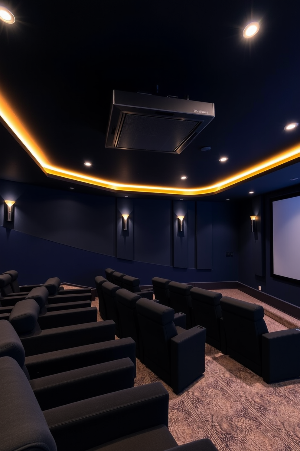 A modern home theater in a basement with a sleek digital projector mounted on the ceiling. The walls are painted in a deep navy blue, and plush black seating is arranged in a tiered layout for optimal viewing. Ambient lighting is incorporated into the design, with recessed lights and LED strips along the edges. A large screen is positioned at the front, and soundproofing panels are installed for an immersive audio experience.