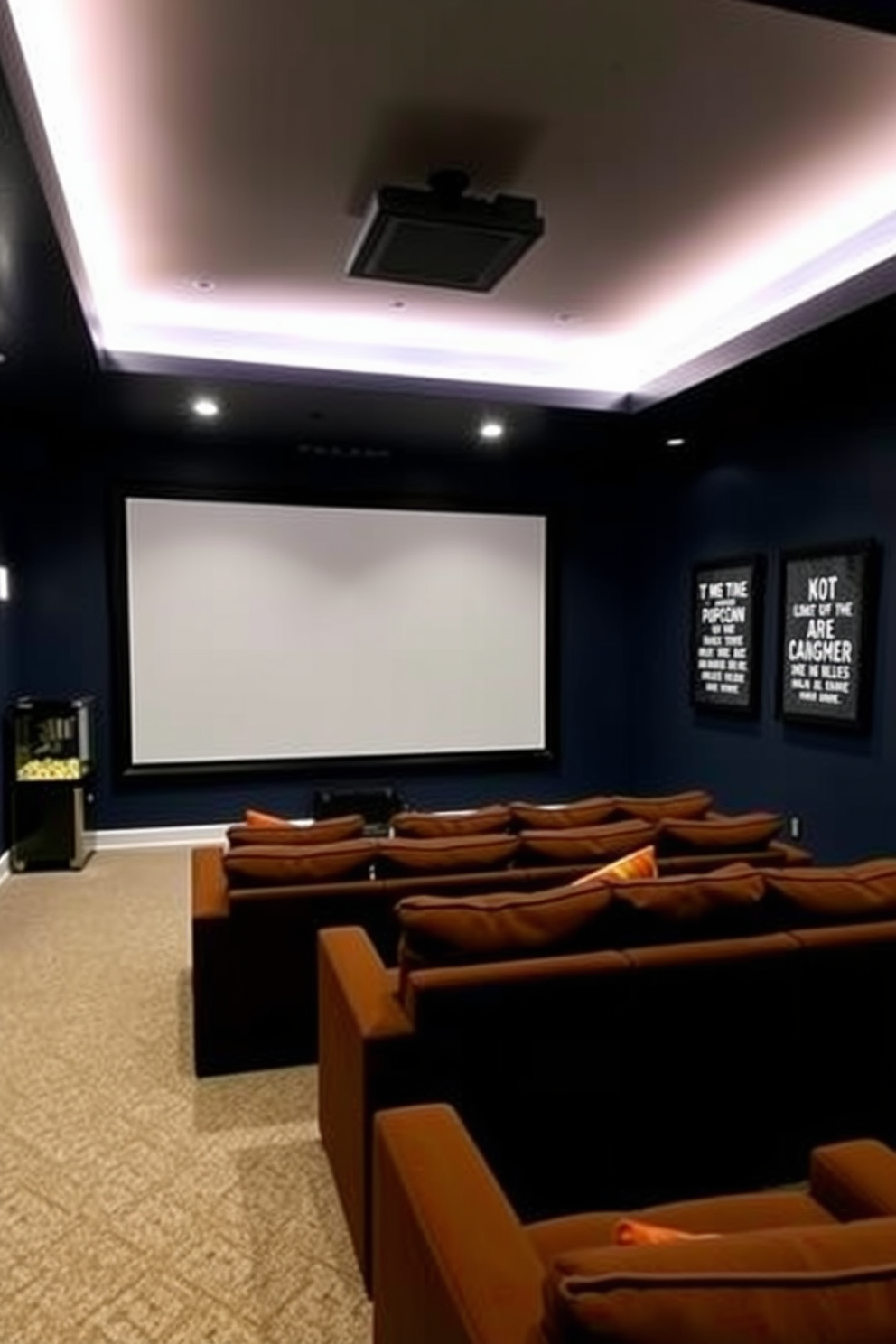 A cozy home theater basement featuring plush seating arranged in a semi-circle facing a large projection screen. The walls are painted a deep navy blue, and ambient lighting is integrated into the ceiling, creating a cinematic atmosphere. Artwork featuring favorite film quotes is displayed on the walls, framed in sleek black frames. A stylish popcorn machine sits in the corner, adding a nostalgic touch to the space.