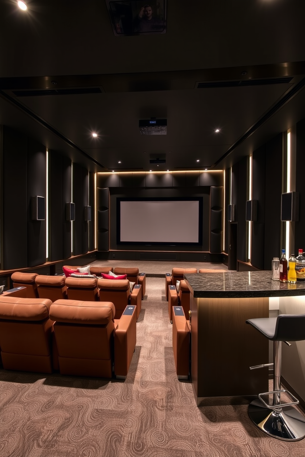 A luxurious home theater with soundproof walls to enhance the audio experience. The space features plush seating arranged in tiers, with a large screen at the front and ambient lighting that creates a cinematic atmosphere. Dark acoustic panels line the walls, providing both sound insulation and a sleek look. A stylish bar area with high stools sits to one side, stocked with snacks and drinks for an immersive movie night.