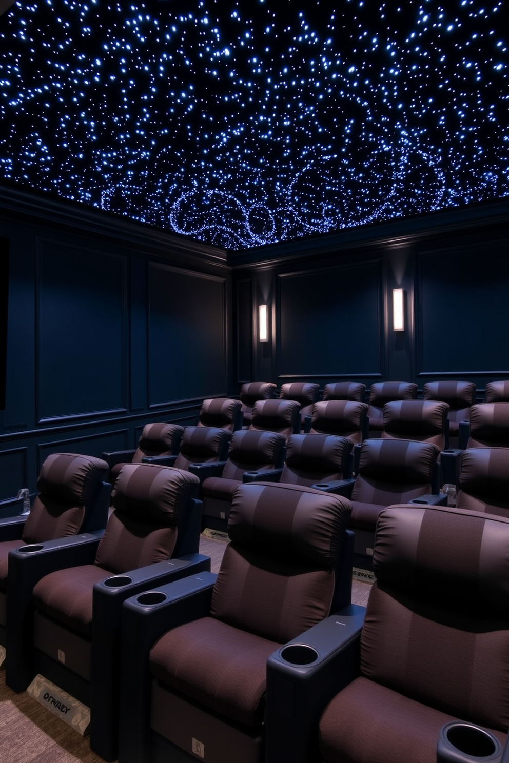 A luxurious home theater with plush theater-style seating featuring built-in cup holders. The walls are painted in a dark navy blue, and the ceiling is adorned with twinkling LED lights to mimic a starry night sky.