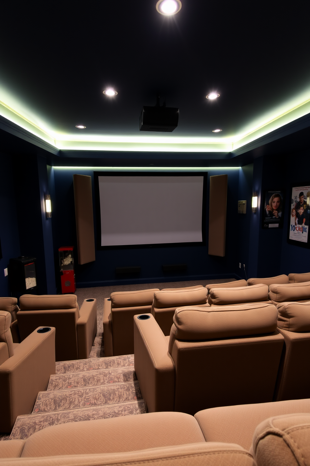 A cozy home theater in a basement setting with plush seating arranged in a tiered layout. The walls are painted a deep navy blue, and ambient lighting with dimmable options is integrated into the ceiling and around the screen. A large projection screen is the focal point, flanked by soundproof panels for an immersive experience. Decorative elements include a popcorn machine in the corner and framed movie posters on the walls.