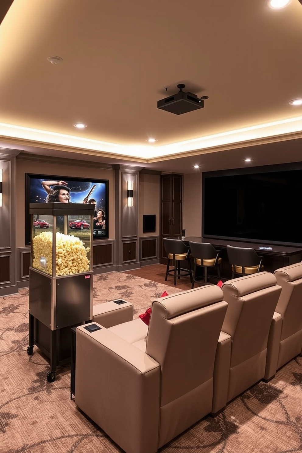 Classic popcorn machine for nostalgic charm. The room features a cozy seating area with plush recliners and a large screen for movie viewing. Home theater basement design ideas. The space includes soundproofing elements, dimmable lighting, and a stylish bar area for entertaining guests.