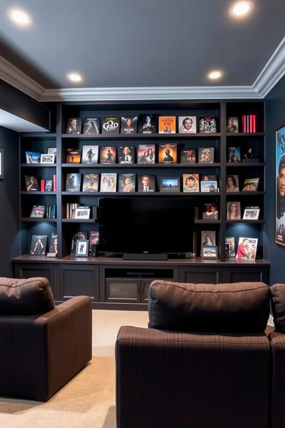 A cozy home theater basement featuring built-in shelves designed to showcase an impressive collection of movie memorabilia. The walls are painted in a dark navy blue, creating a cinematic atmosphere, while plush seating arrangements are positioned for optimal viewing.