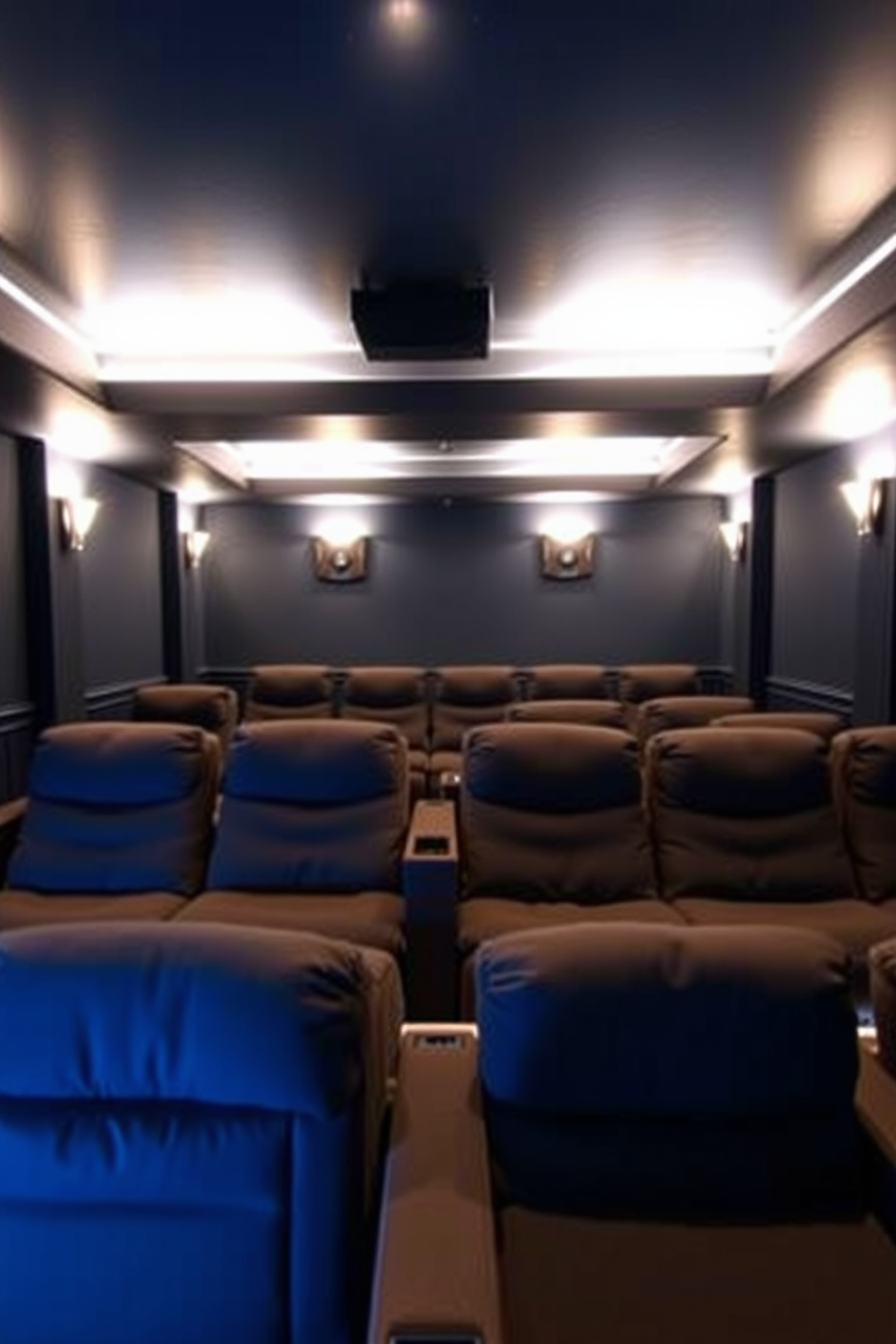 A cozy home theater basement featuring plush reclining chairs arranged in a semi-circle for optimal viewing. The walls are painted a deep navy blue, and soft ambient lighting creates a warm atmosphere for movie nights.