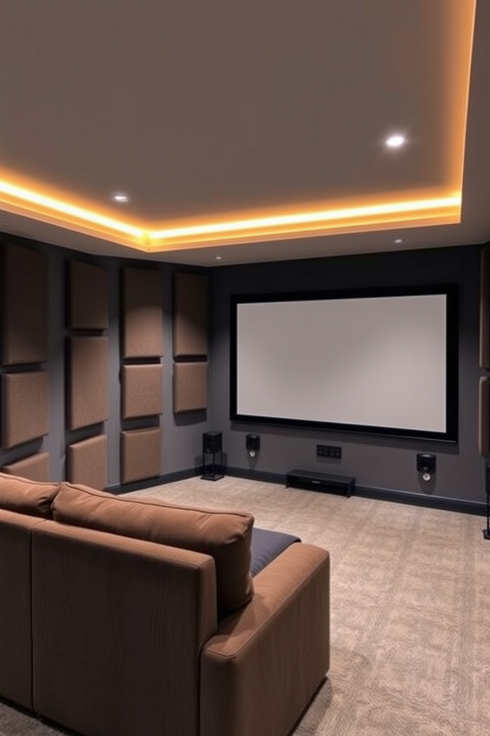 A modern home theater basement featuring acoustic panels strategically placed on the walls to enhance sound quality. The room is equipped with a plush sectional sofa facing a large screen, with dimmable LED lighting for an immersive cinematic experience.