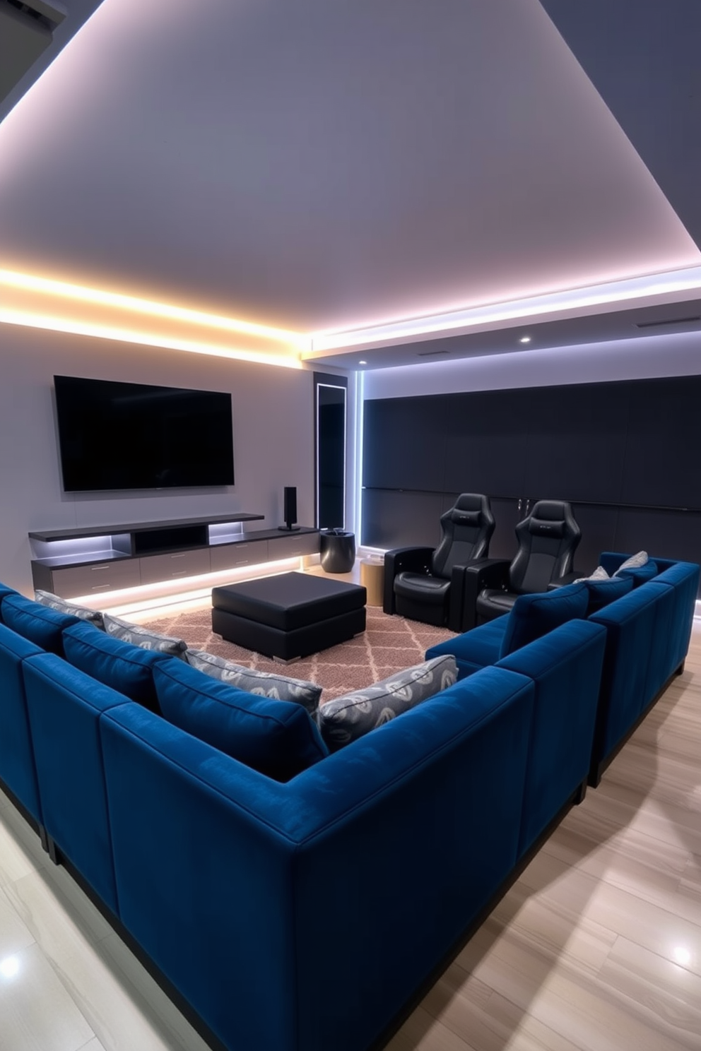 A stylish multi-purpose space designed for gaming and movies. The room features a large sectional sofa in a deep blue fabric, facing a wall-mounted flat-screen TV with a sleek entertainment unit below. Soft ambient lighting highlights the room, with LED strip lights along the ceiling and behind the TV. A plush area rug in a geometric pattern anchors the seating area, while gaming chairs are positioned for an immersive experience.