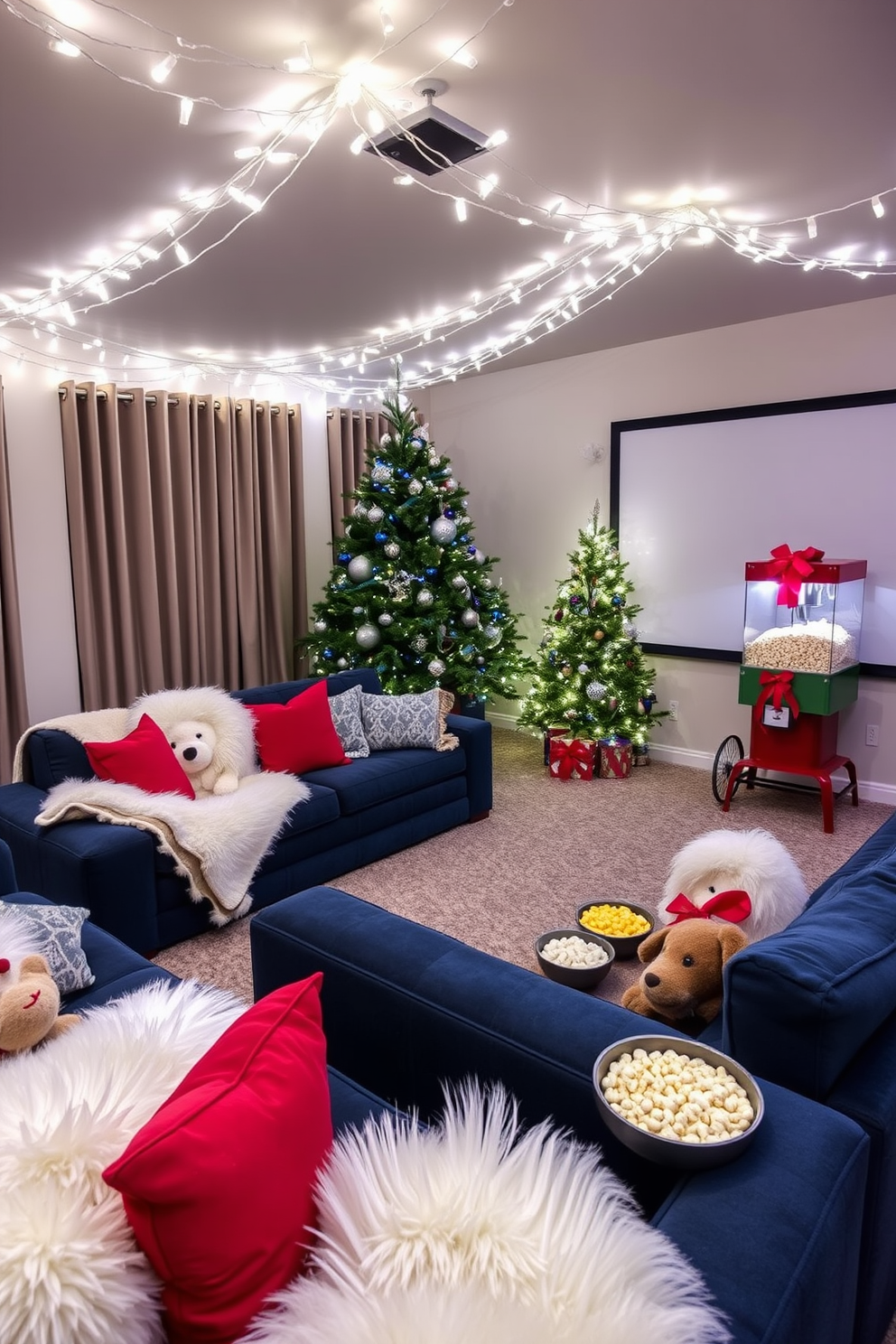 Cozy winter wonderland theme decorations. Soft white fairy lights are draped across the ceiling, creating a warm glow in the room. Fluffy white blankets are layered on a deep blue sectional sofa, inviting relaxation. A large pine tree adorned with silver and blue ornaments stands in the corner, completing the festive atmosphere. Home Theater Christmas Decorating Ideas. Plush red and green cushions are scattered across the seating area for a festive touch. A popcorn machine sits next to the screen, surrounded by bowls of holiday treats, enhancing the movie-watching experience.