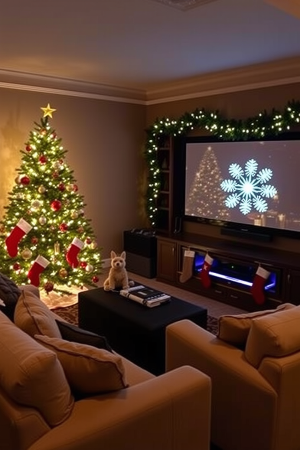 A cozy home theater setting adorned for the holidays. In the corner of the room, a beautifully decorated Christmas tree sparkles with twinkling lights and colorful ornaments. Plush seating surrounds a large screen, creating an inviting atmosphere for movie nights. Festive garlands and stockings hang from the entertainment center, enhancing the holiday spirit.