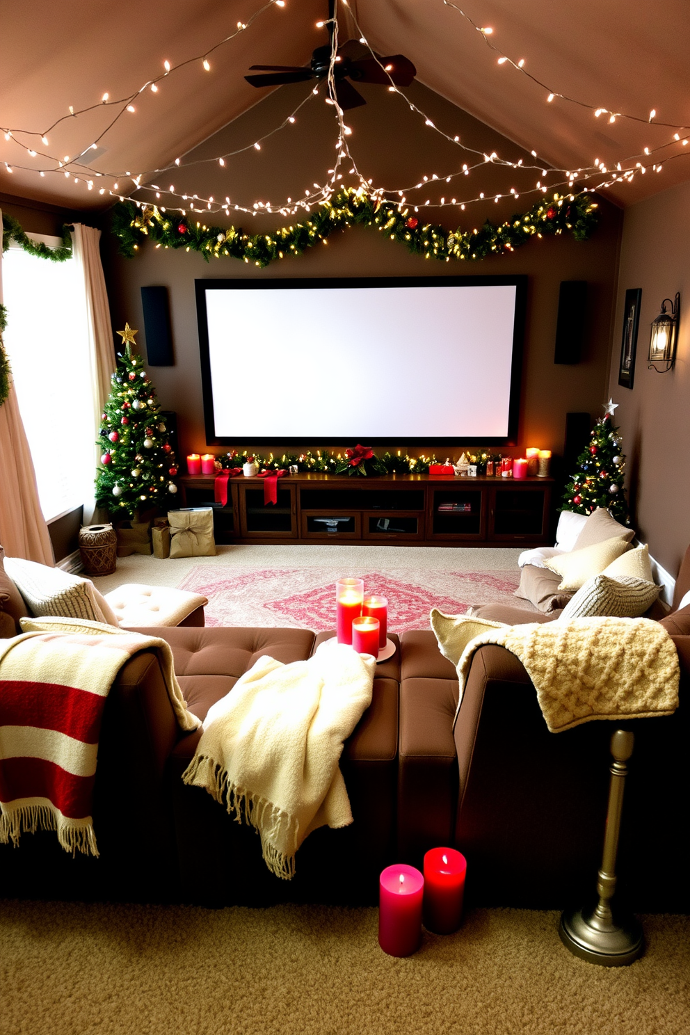 A cozy home theater adorned with holiday decorations. Plush seating is arranged in front of a large screen, with soft blankets draped over the armrests. Festive holiday scented candles are placed strategically around the room, creating a warm and inviting atmosphere. Twinkling string lights hang from the ceiling, adding a magical touch to the Christmas decor.