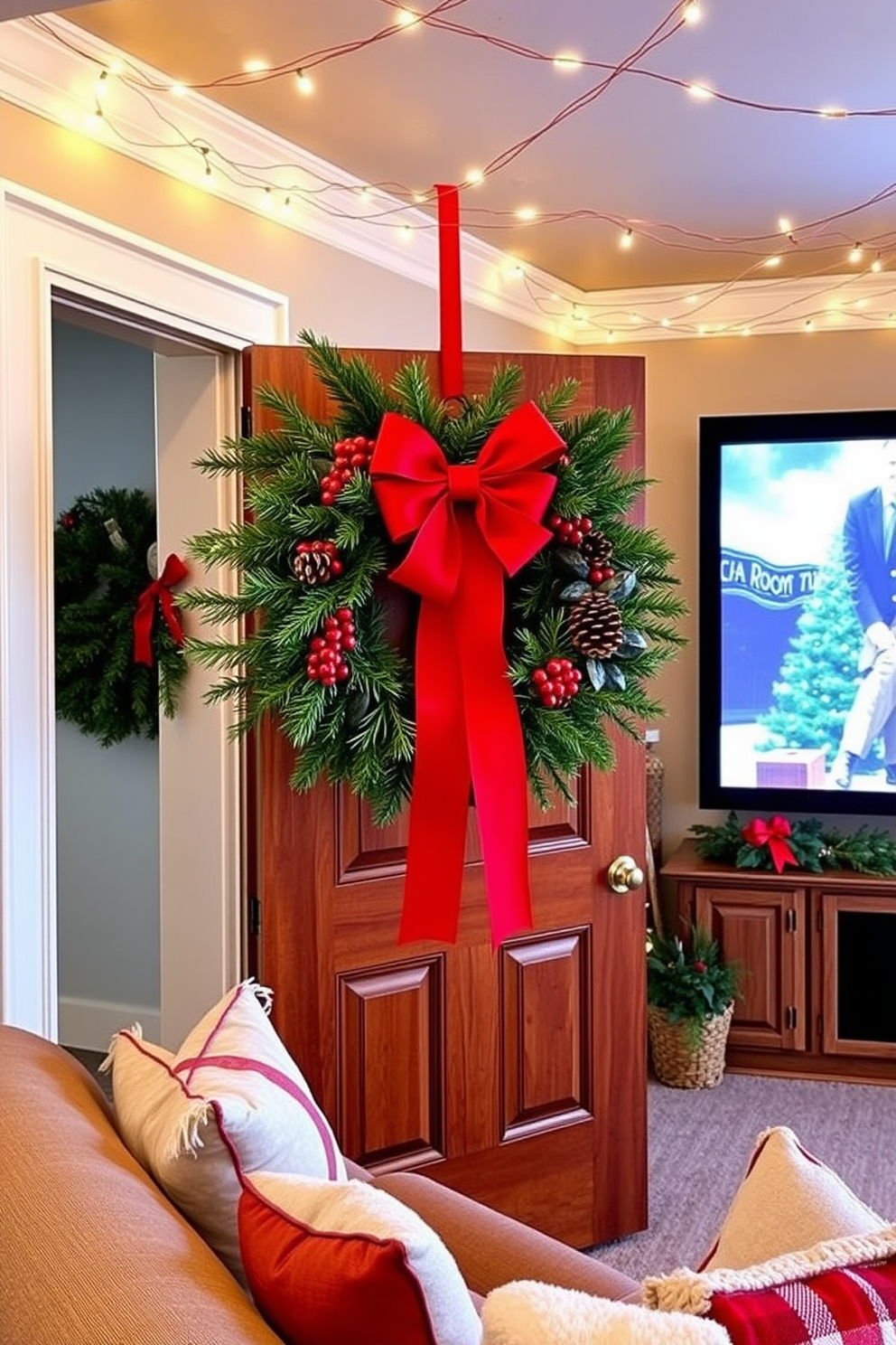 A beautiful DIY holiday wreath hangs on a classic wooden door adorned with a festive red bow. The wreath is made of fresh pine branches, accented with pine cones and bright red berries, creating a warm and inviting entrance. The home theater is transformed into a cozy holiday retreat with twinkling string lights draped across the ceiling. Plush seating is enhanced with festive throw pillows and blankets, while a large screen displays classic holiday movies for a perfect family gathering.