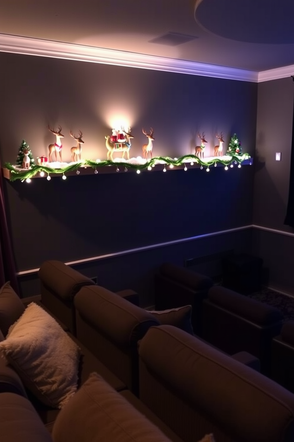 A cozy home theater decorated for Christmas features shelves adorned with charming reindeer figurines. The room is dimly lit, creating a warm ambiance, with plush seating arranged for optimal viewing.