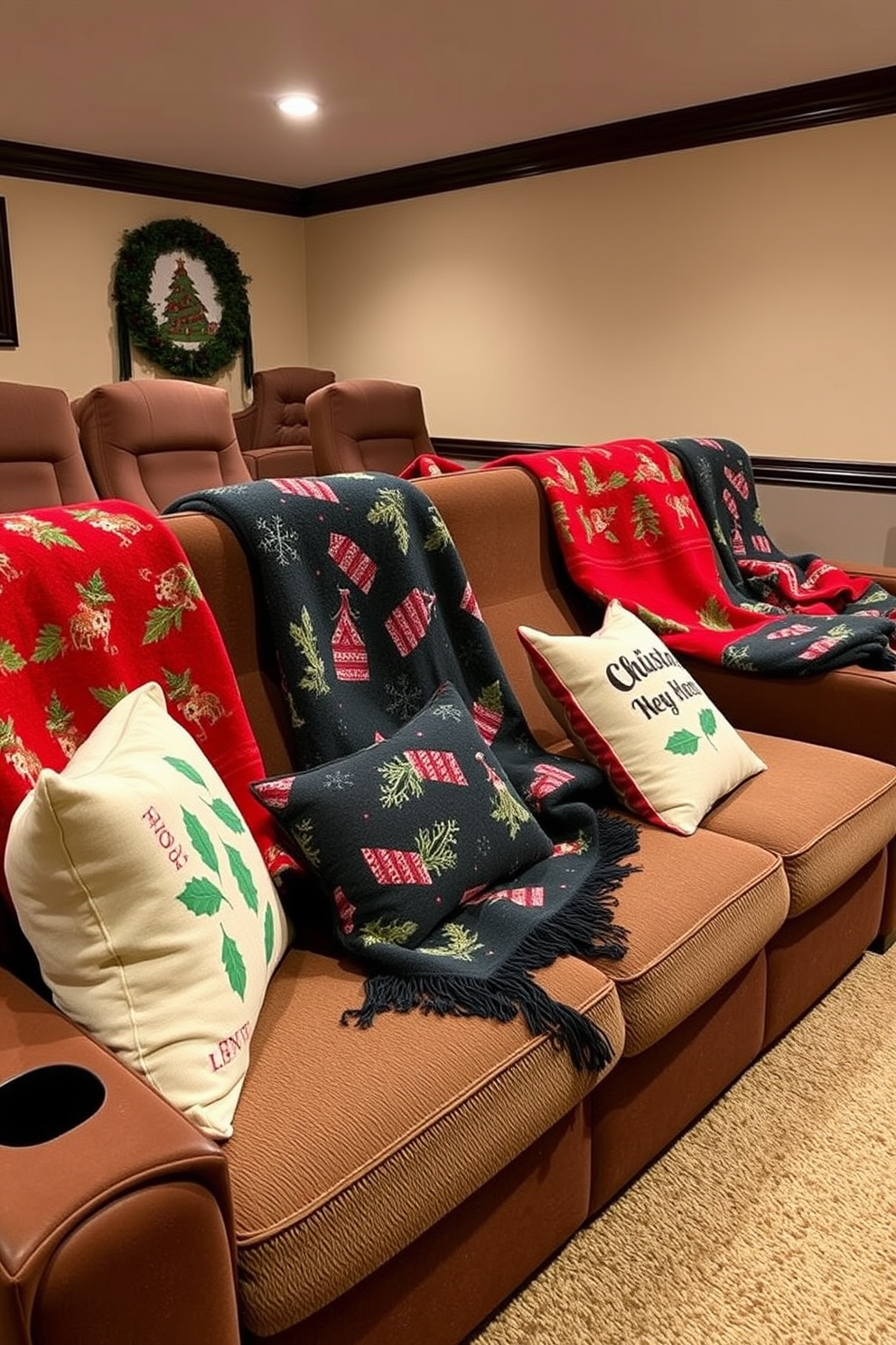 A cozy home theater setting adorned with festive throws in vibrant holiday patterns. The plush seating is complemented by soft cushions, creating an inviting atmosphere perfect for movie nights during the Christmas season.