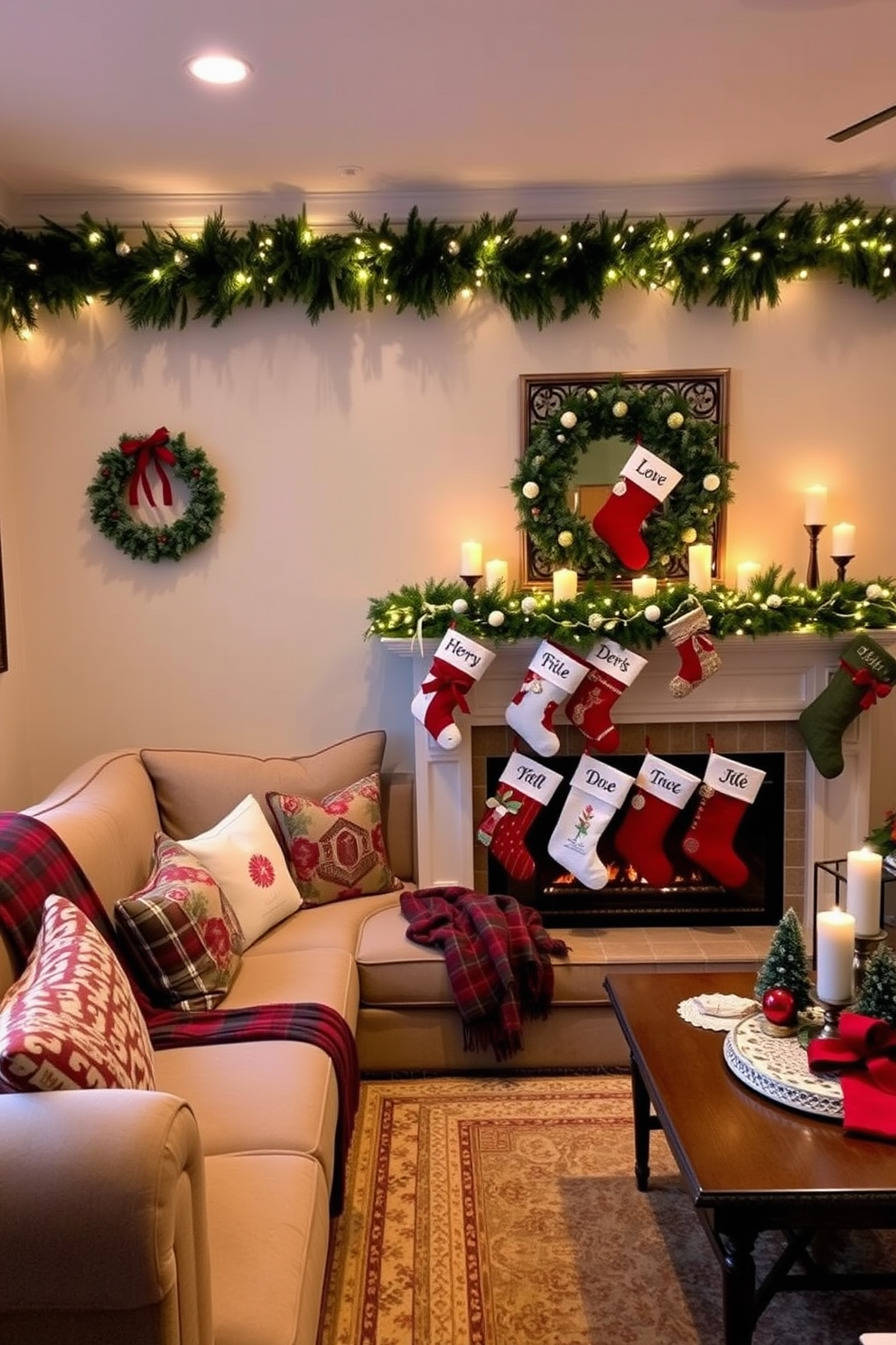 A cozy home theater decorated for Christmas features a large sectional sofa adorned with festive throw blankets and pillows. Above the sofa, a garland of pine and twinkling lights is draped across the wall, creating a warm and inviting atmosphere. Hanging stockings for family members is a cherished tradition in this festive living room. Each stocking is uniquely designed and personalized, displayed on a beautiful mantle surrounded by seasonal decorations and candles.