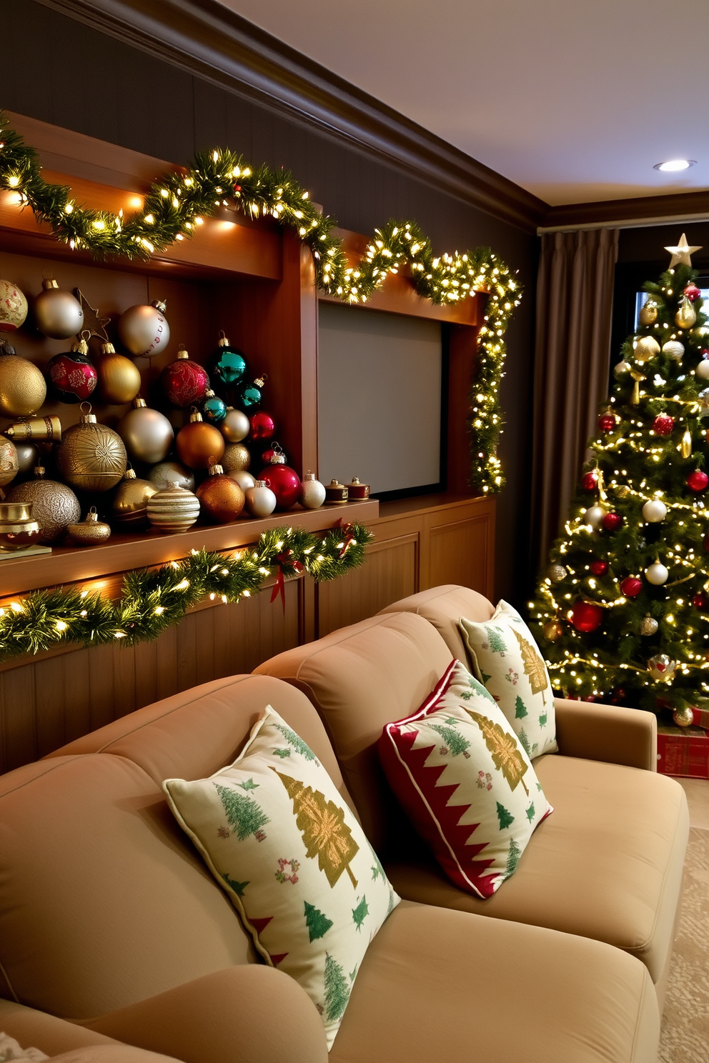 A collection of vintage Christmas ornaments is elegantly arranged on a wooden shelf, showcasing a variety of colors and intricate designs. The ornaments are complemented by soft fairy lights that add a warm glow to the display, creating a nostalgic holiday atmosphere. The home theater is transformed into a festive retreat with garlands draped along the screen and plush seating adorned with holiday-themed cushions. A large Christmas tree stands in the corner, decorated with twinkling lights and matching ornaments, inviting guests to enjoy a cozy movie night during the holiday season.