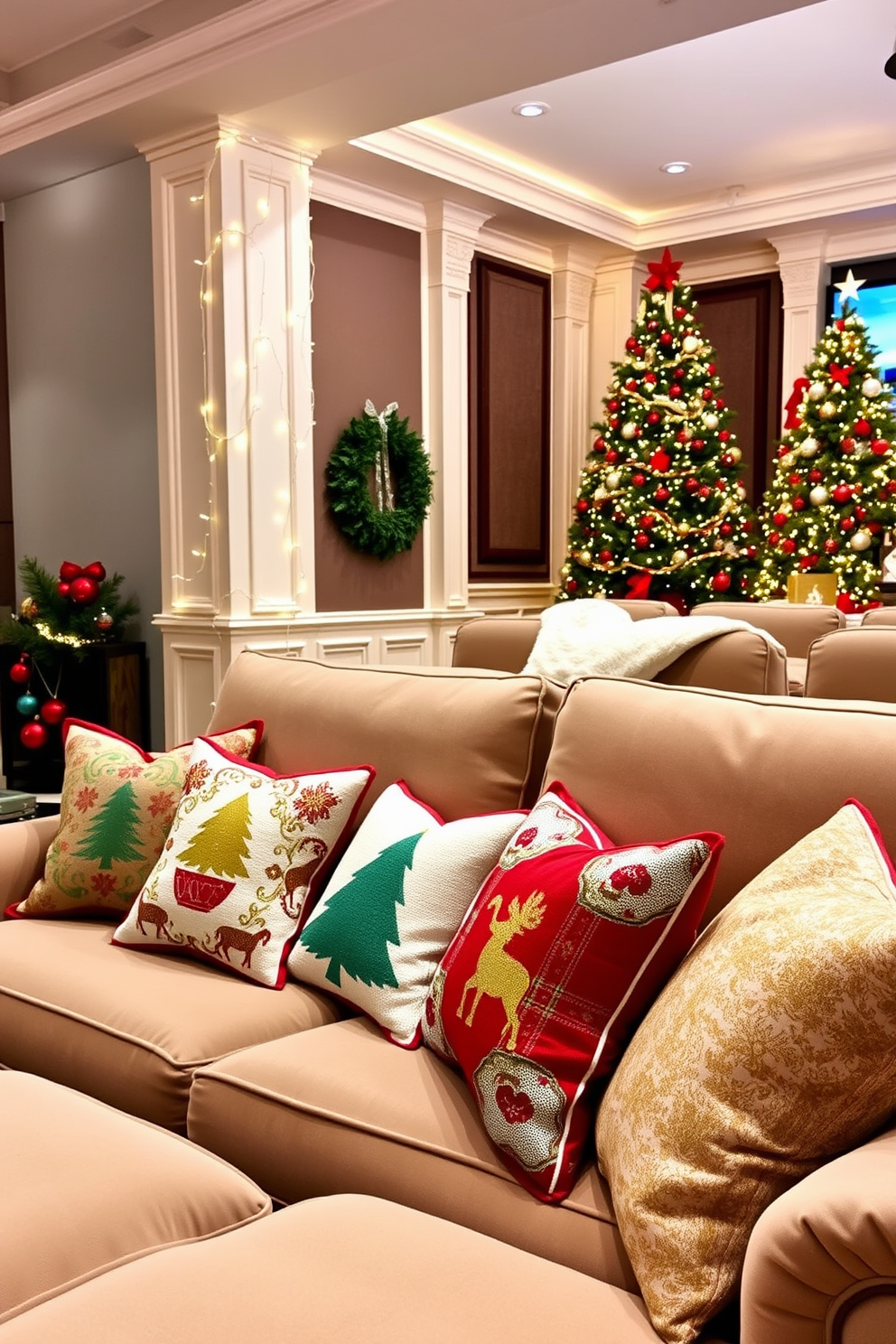 A cozy living room adorned with holiday-themed throw pillows on a plush sofa. The pillows feature festive patterns in red, green, and gold, adding a cheerful touch to the space. A luxurious home theater decorated for Christmas with twinkling string lights and a large Christmas tree in the corner. The theater seating is complemented by soft blankets and festive ornaments scattered throughout the room.