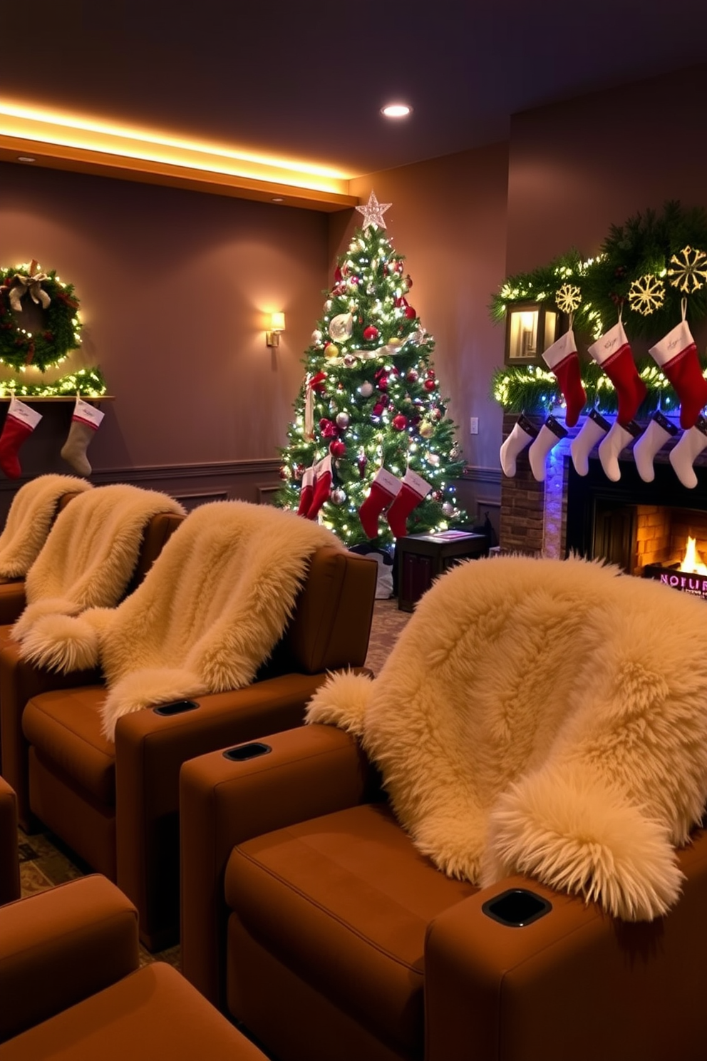 A cozy home theater setting adorned with plush seating and ambient lighting. Soft faux fur blankets are draped over the chairs, inviting warmth and comfort for movie nights. The space is decorated with festive Christmas accents, including a beautifully adorned tree and twinkling lights. Stockings hang by the fireplace, adding a touch of holiday cheer to the inviting atmosphere.