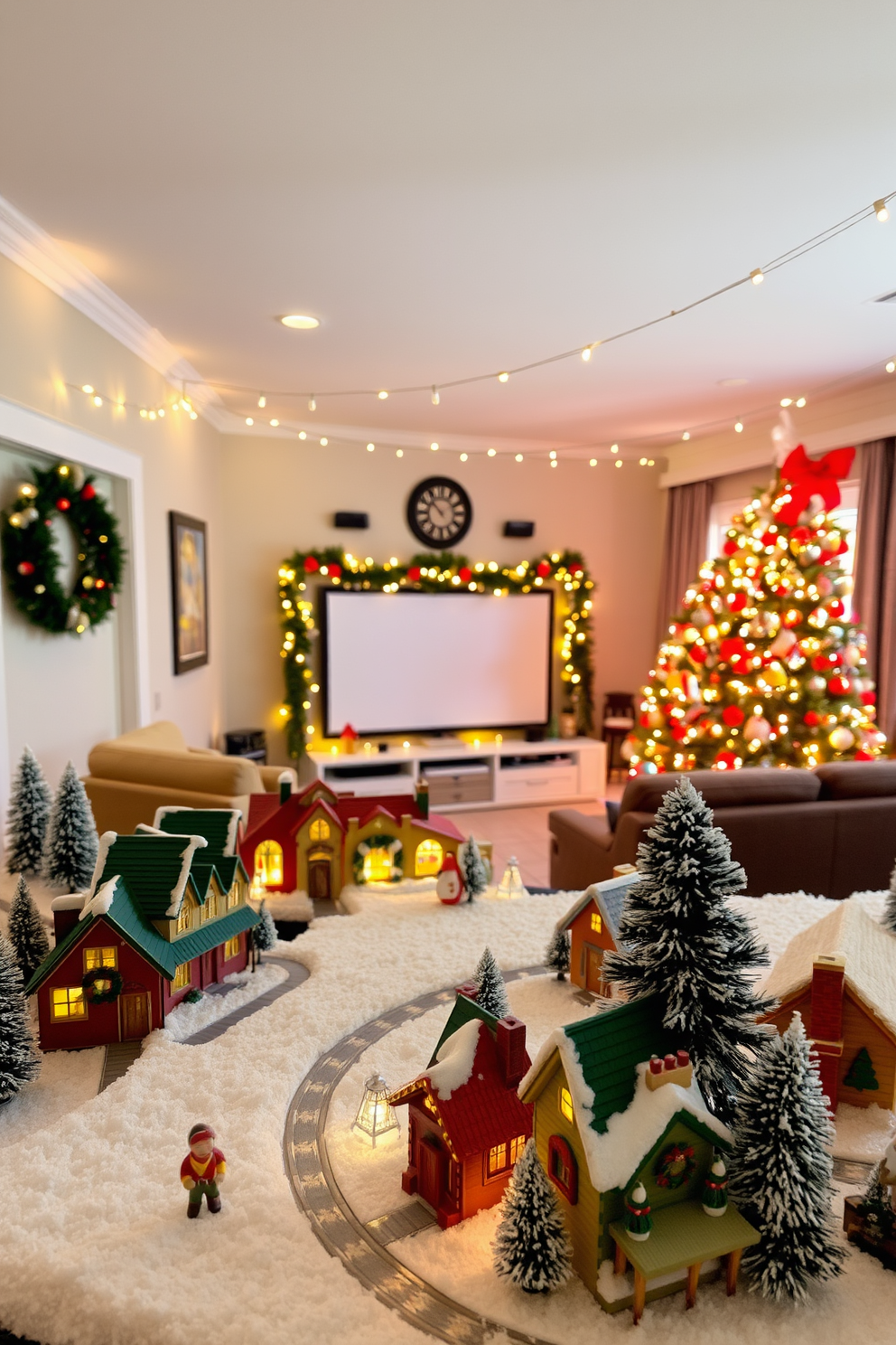 A charming miniature Christmas village setup featuring quaint houses with colorful roofs and twinkling lights. Snow blankets the ground, and small figurines of children playing in the snow add a festive touch. An inviting home theater decorated for Christmas with a large screen and cozy seating. String lights hang from the ceiling, and a beautifully adorned Christmas tree stands in the corner, enhancing the holiday spirit.