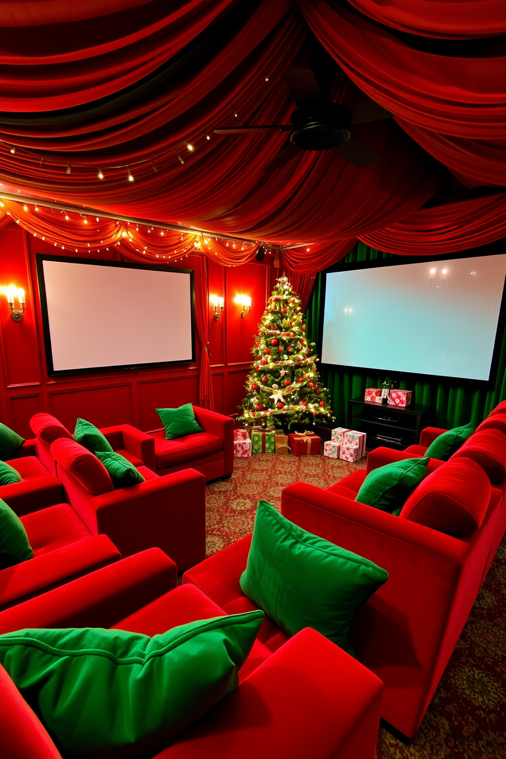 A cozy home theater adorned in a classic red and green color scheme. Plush red velvet seating is arranged in a semi-circle facing a large screen, with green throw pillows adding a festive touch. The walls are draped in rich green fabric, while twinkling fairy lights create a warm ambiance. A beautifully decorated Christmas tree stands in the corner, surrounded by red and green ornaments and a scattering of presents beneath it.