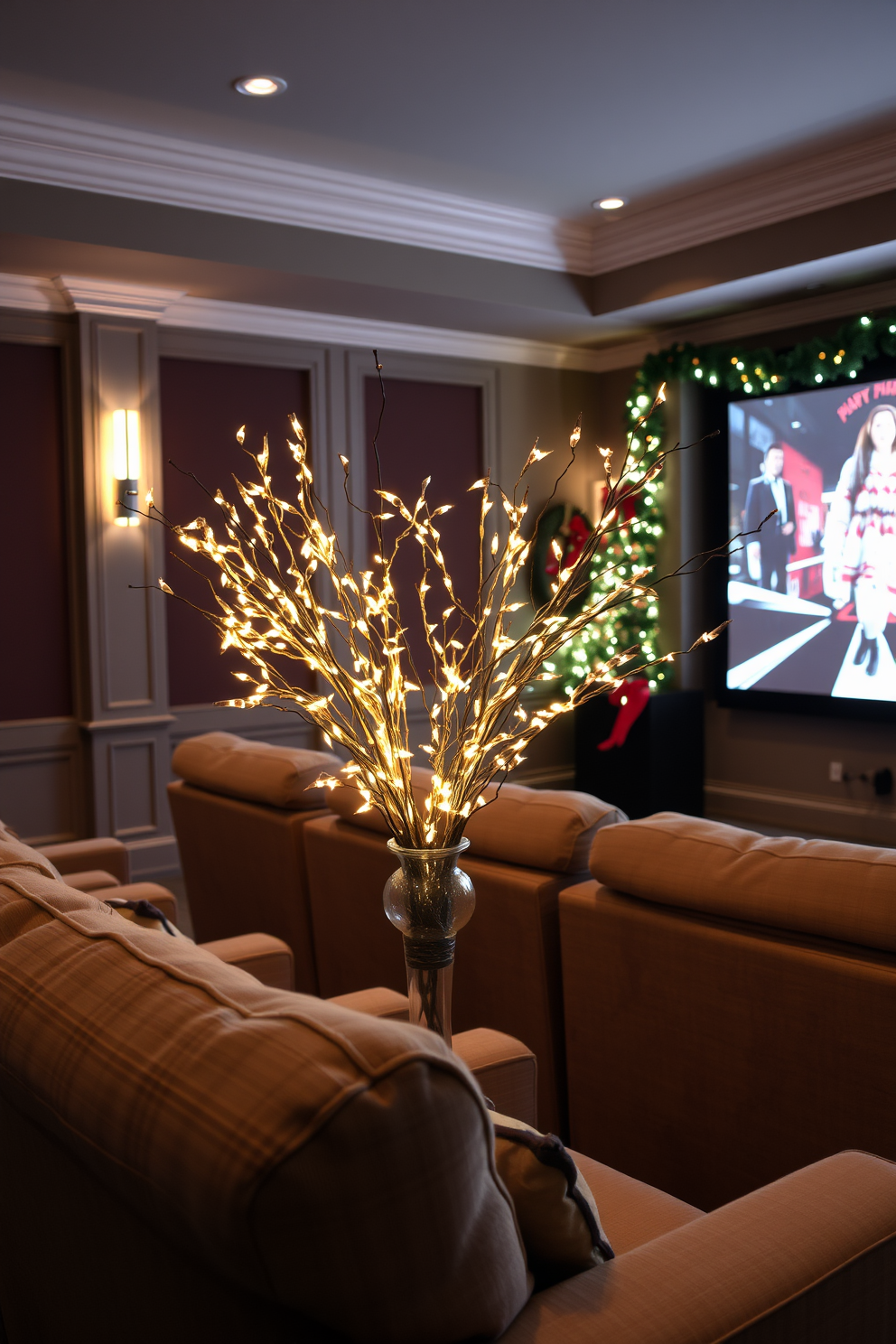 A cozy home theater adorned for Christmas. Lighted branches in a decorative vase create a warm ambiance, while plush seating is arranged for optimal viewing comfort.