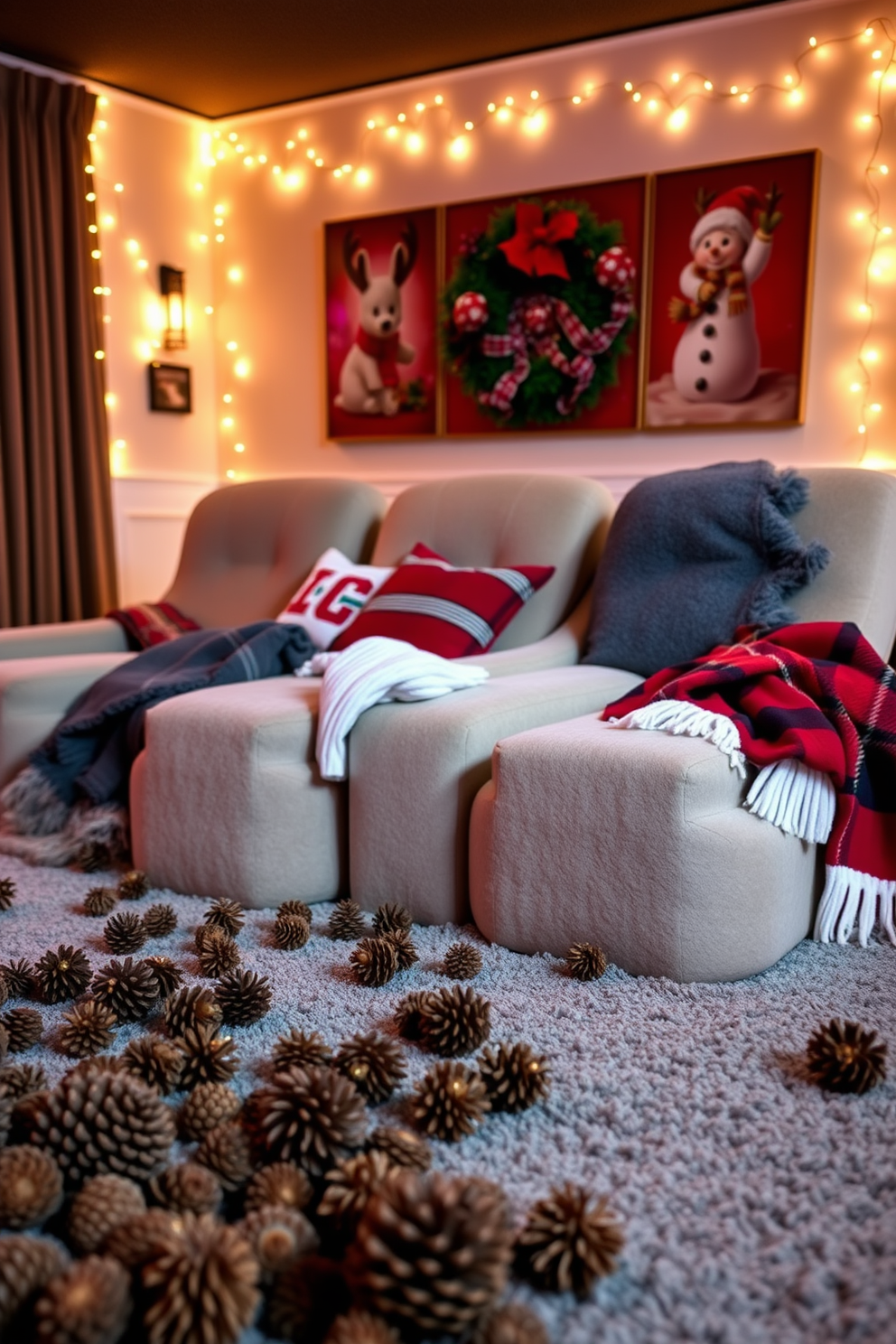 Create a cozy home theater decorated for Christmas. Scented pinecones are scattered around the room, adding a warm and festive aroma to the space. Soft, plush seating is arranged for optimal viewing, with festive throw blankets draped over the chairs. The walls are adorned with twinkling fairy lights and holiday-themed artwork, enhancing the cheerful atmosphere.