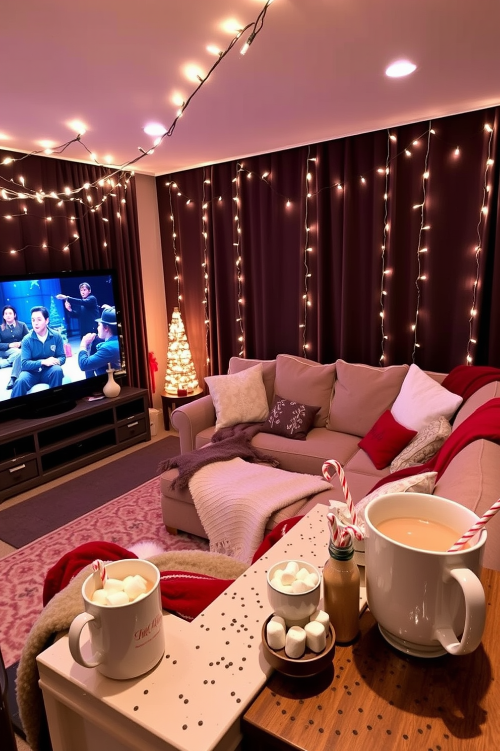 A cozy home theater setup for a classic holiday movie marathon. The room features a large sectional sofa adorned with festive throw blankets and cushions, facing a big screen with a classic film playing. Twinkling fairy lights are draped across the ceiling, creating a warm and inviting atmosphere. A hot cocoa bar is set up in the corner with mugs, marshmallows, and peppermint sticks, adding to the holiday spirit.